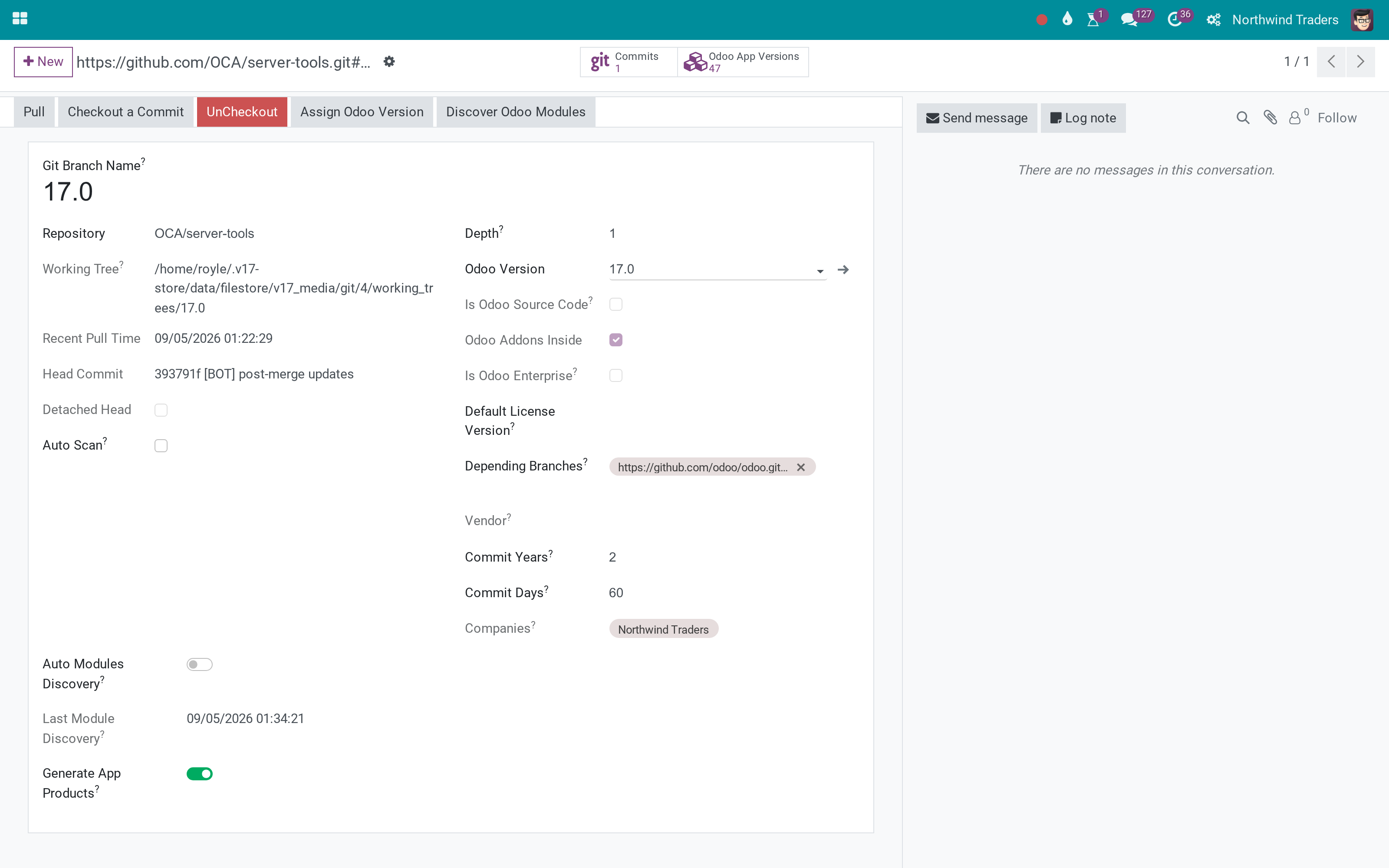 Git repositories, branches and commits managed from Odoo