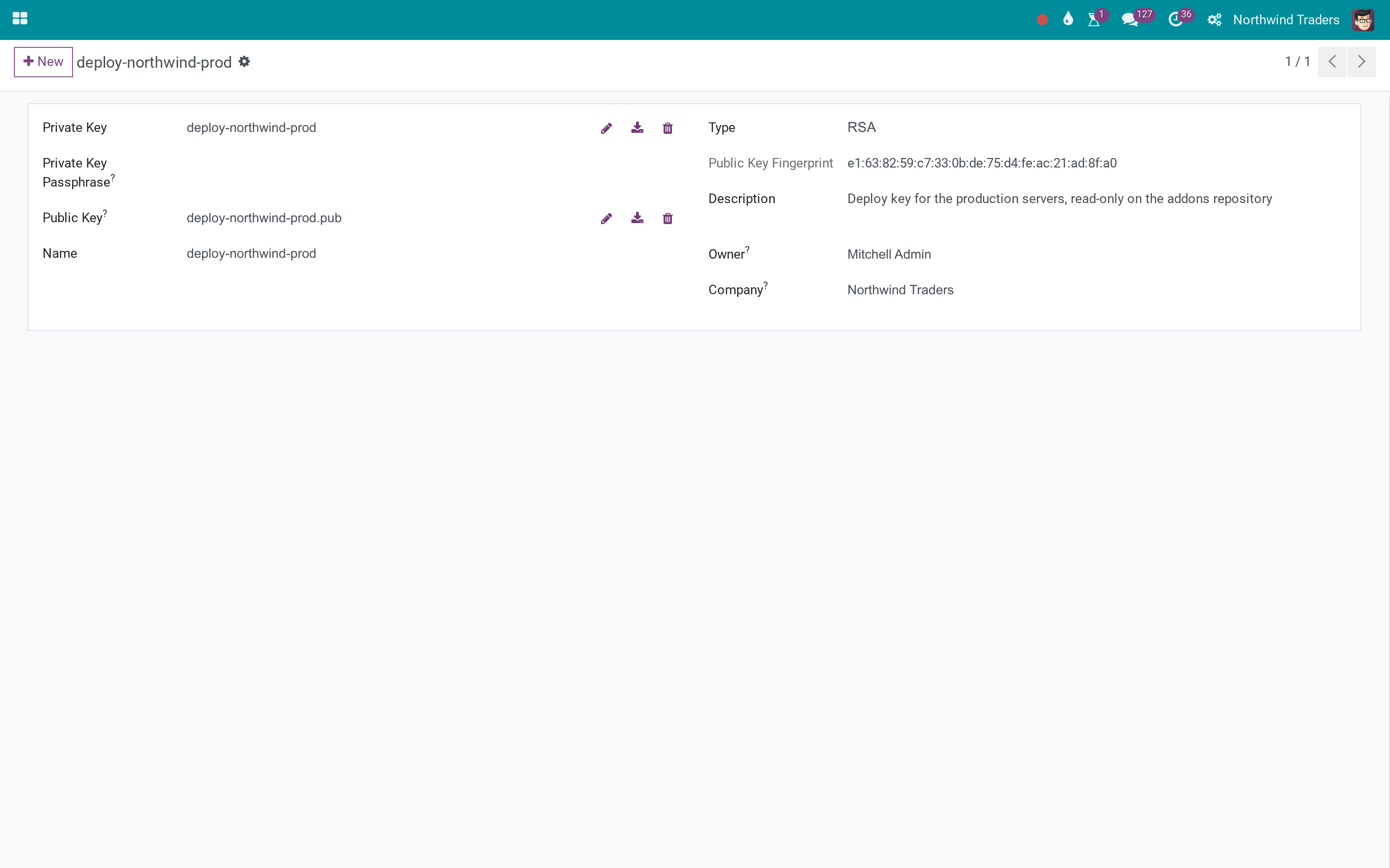 SSH key pairs stored in Odoo, generated or uploaded, per user or per company