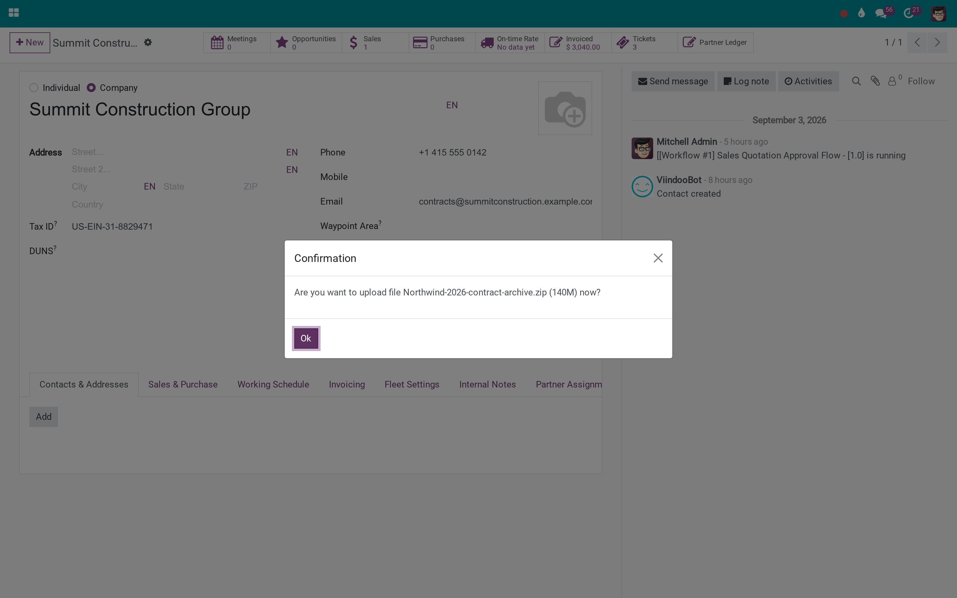 The confirmation, with the file name and its size