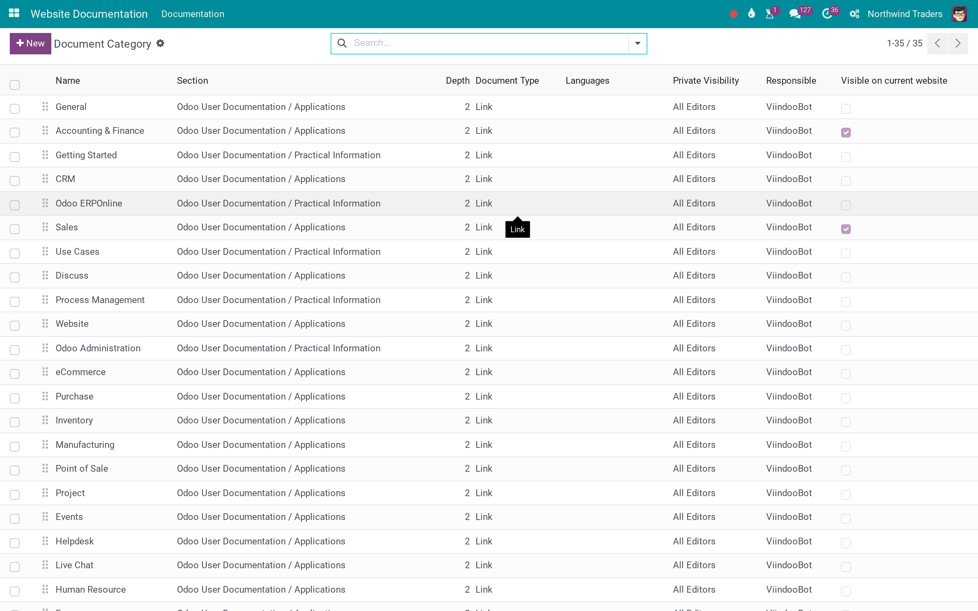 Default Odoo documentation categories, tied to git branches