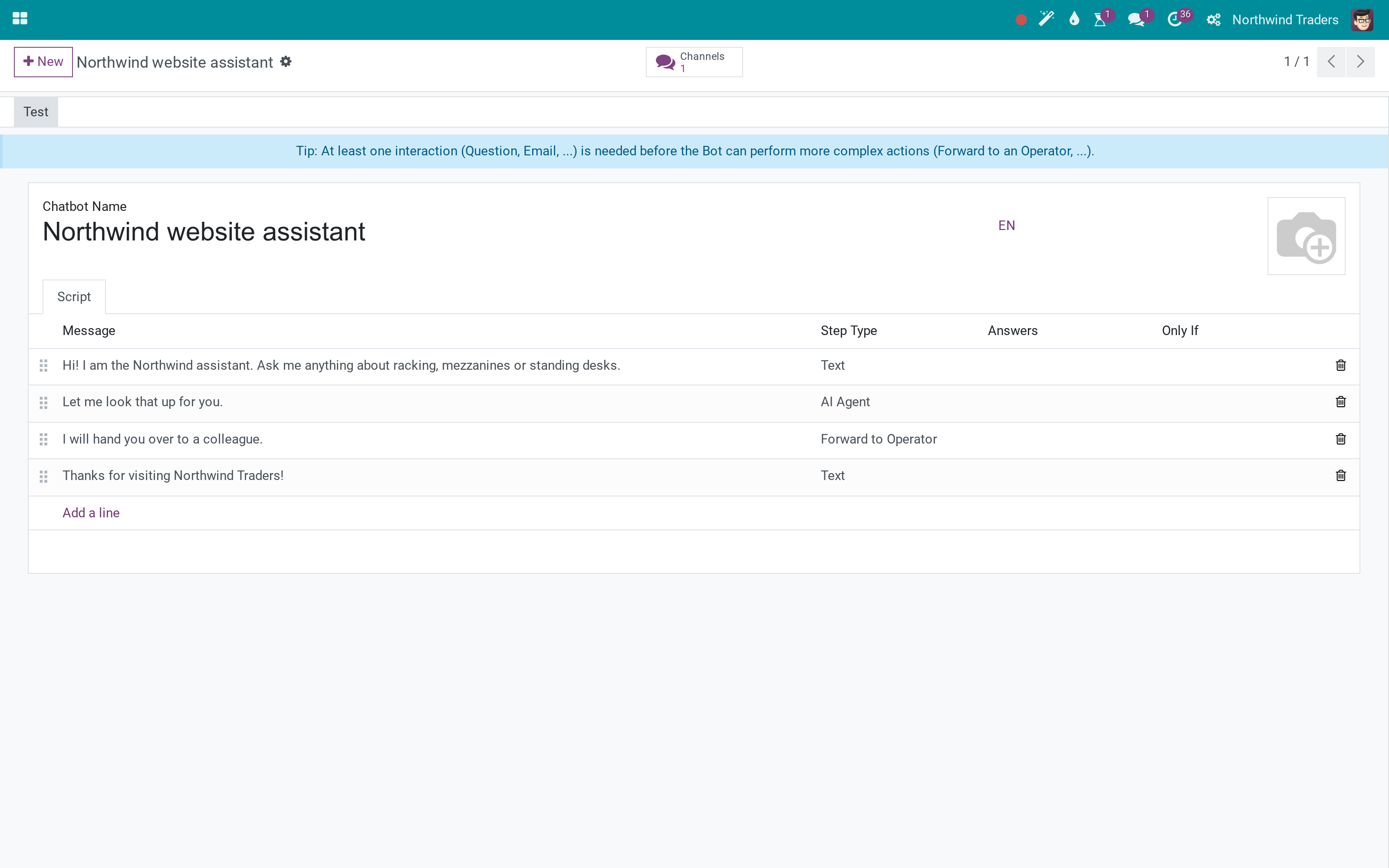 An AI chatbot step that answers website visitors and hands over to a person