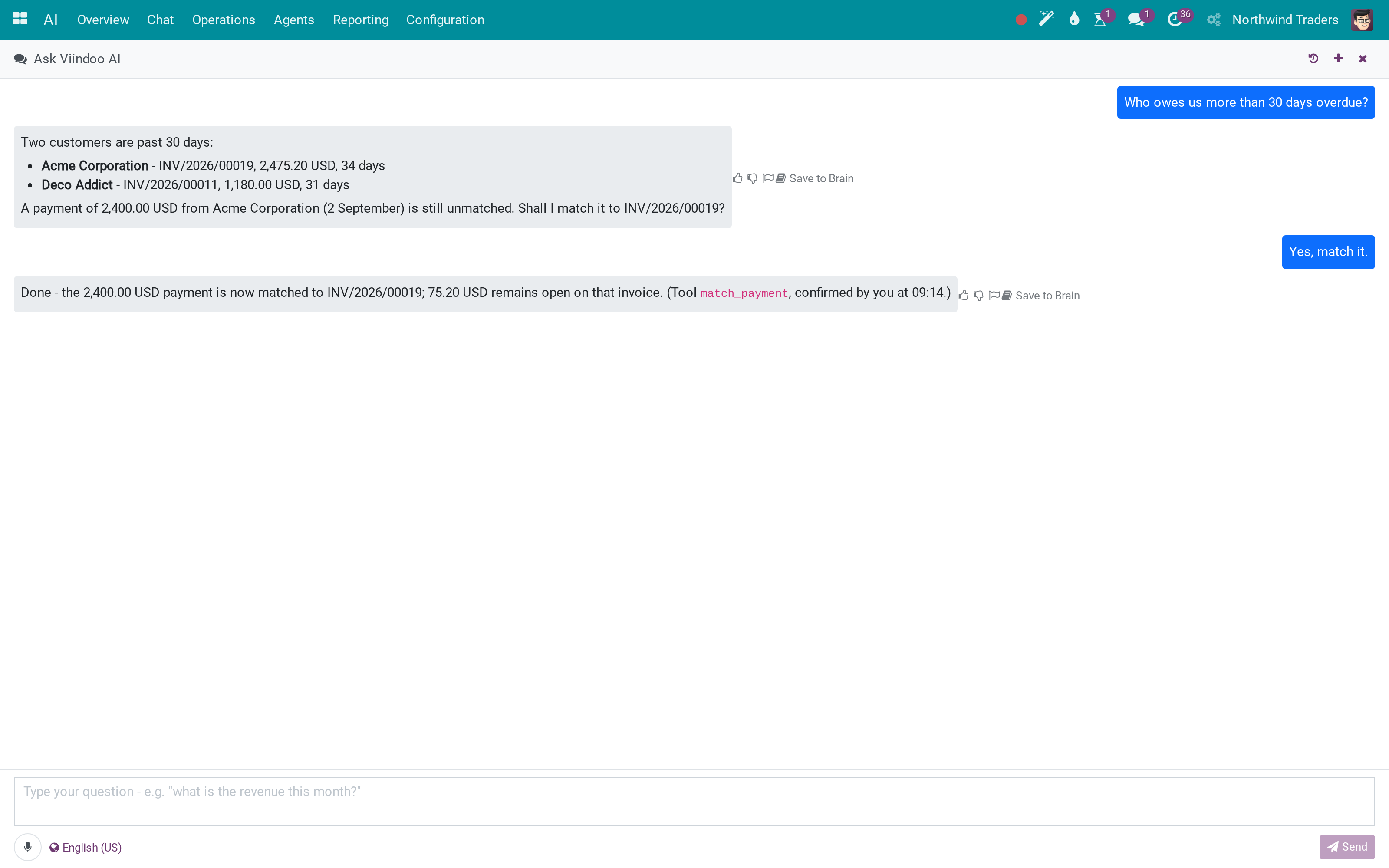 Viindoo AI - Accounting Connector: Accounting tools for the assistant, and an invoice prefilled from a scan