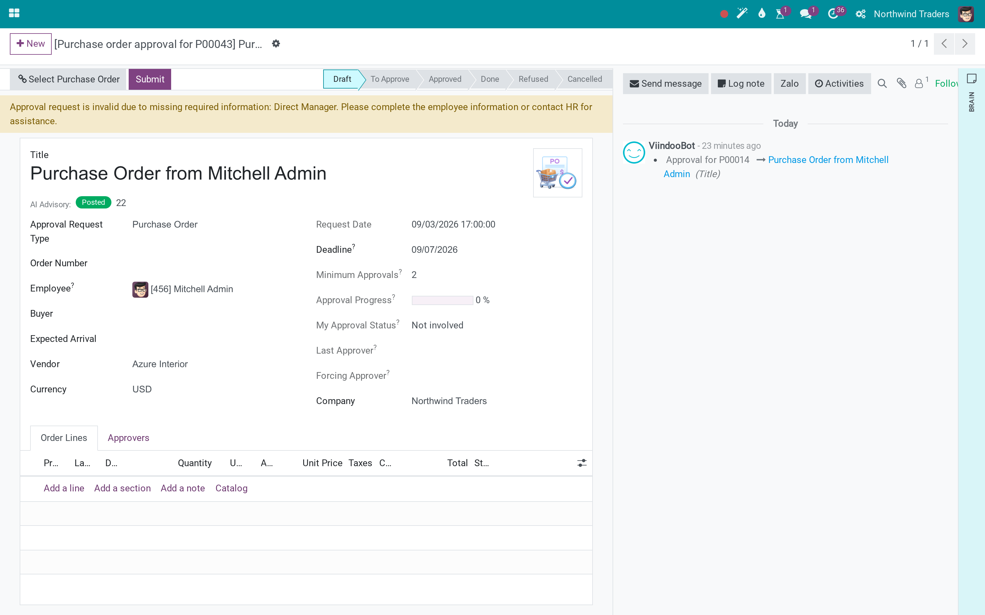 AI risk advisory on purchase order approval requests