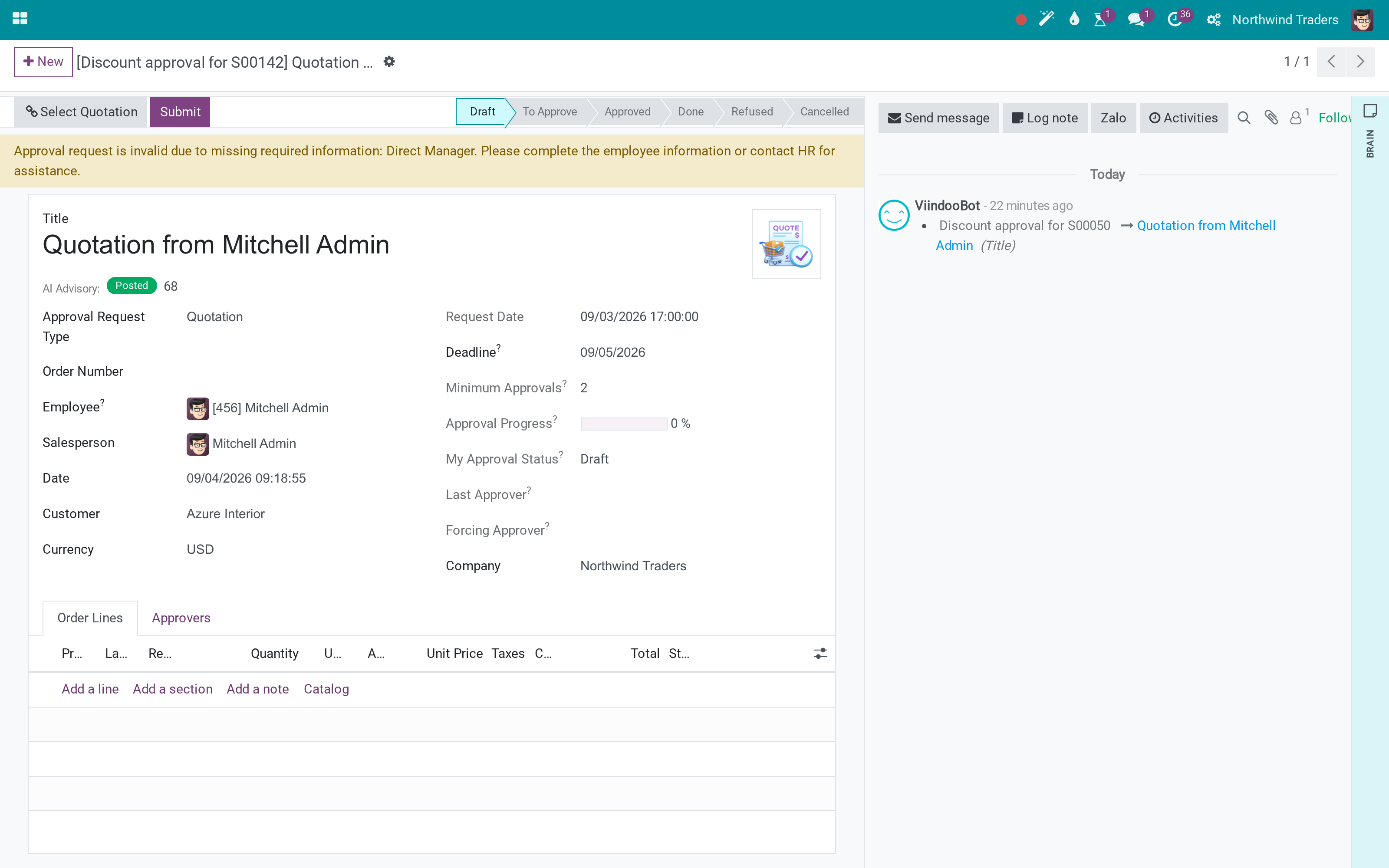 Viindoo AI - Approval Desk: Approvals through the assistant, plus an AI risk advisory written for the human approver
