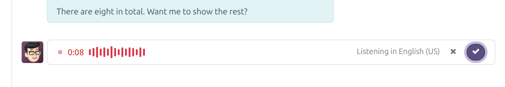 The recording row with the timer, the live level, the language being listened in, the discard cross and the send tick