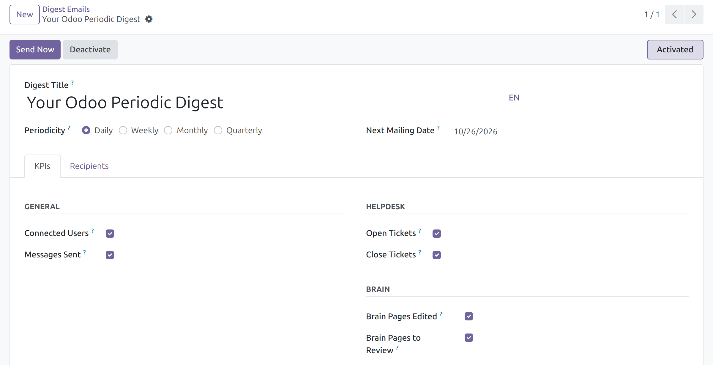 The KPIs tab of a digest with the Brain group, showing Brain Pages Edited and Brain Pages to Review ticked