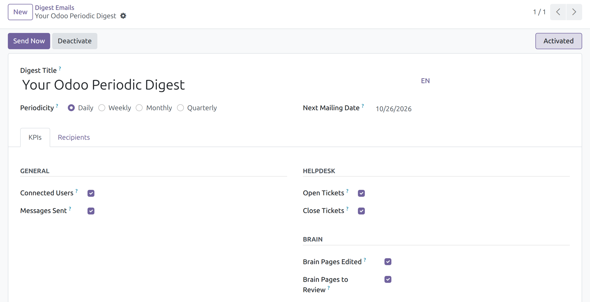 The KPIs tab of an Odoo digest with the Brain group: Brain Pages Edited and Brain Pages to Review