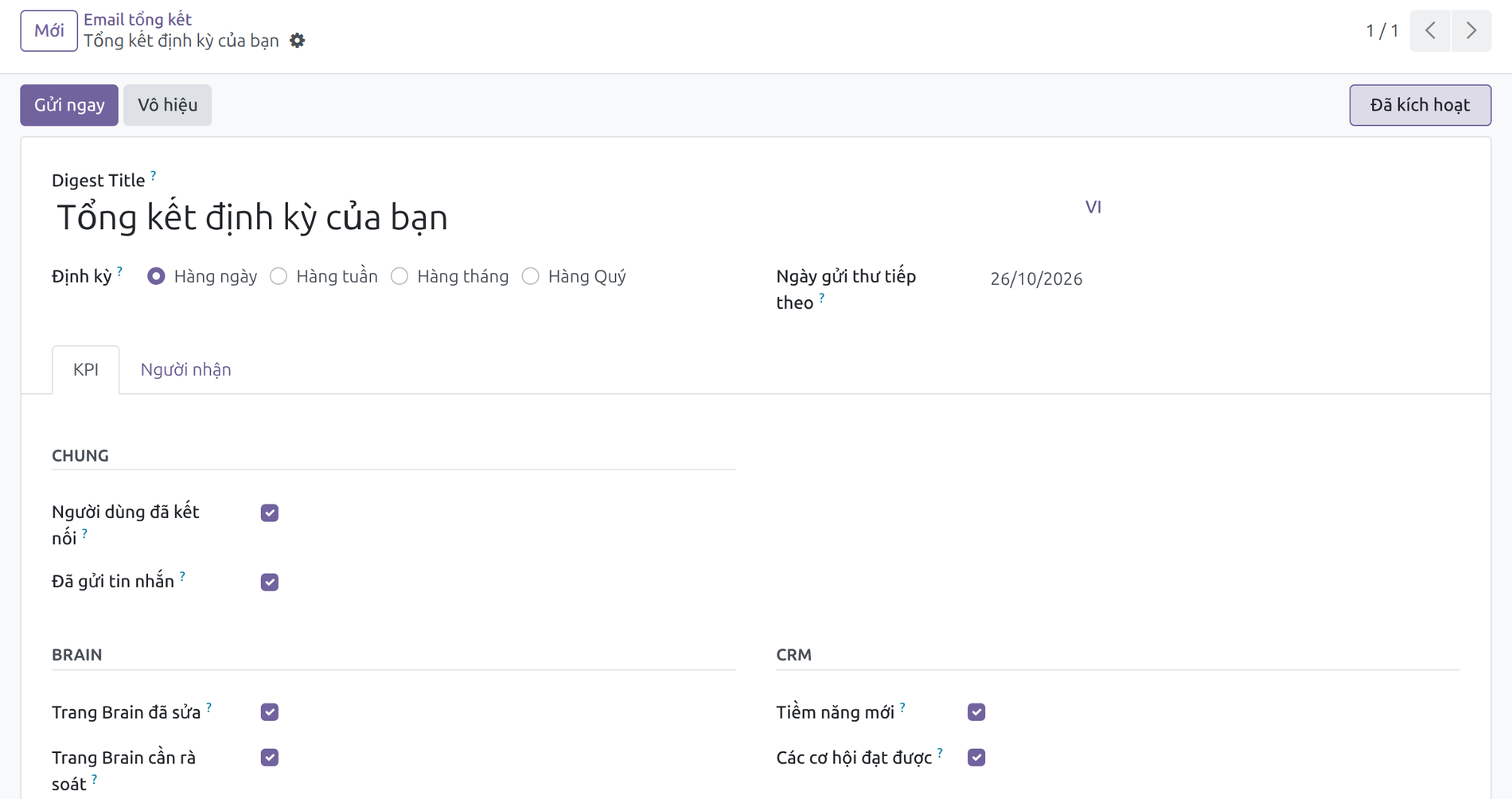 Tab KPI của một email tổng kết Odoo với nhóm Brain: Trang Brain đã sửa và Trang Brain cần rà soát