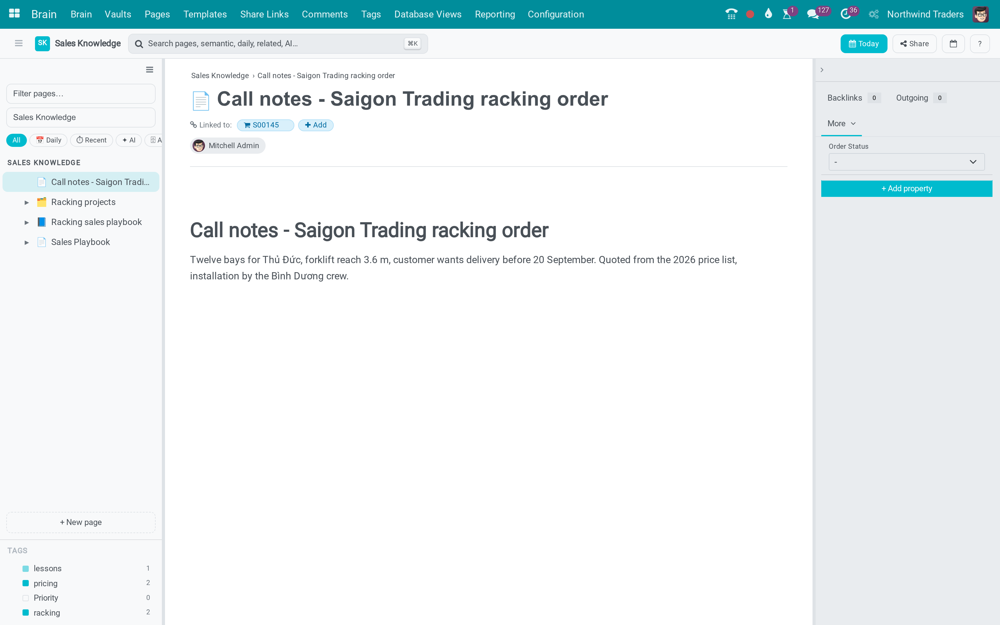Call notes - Saigon Trading racking order