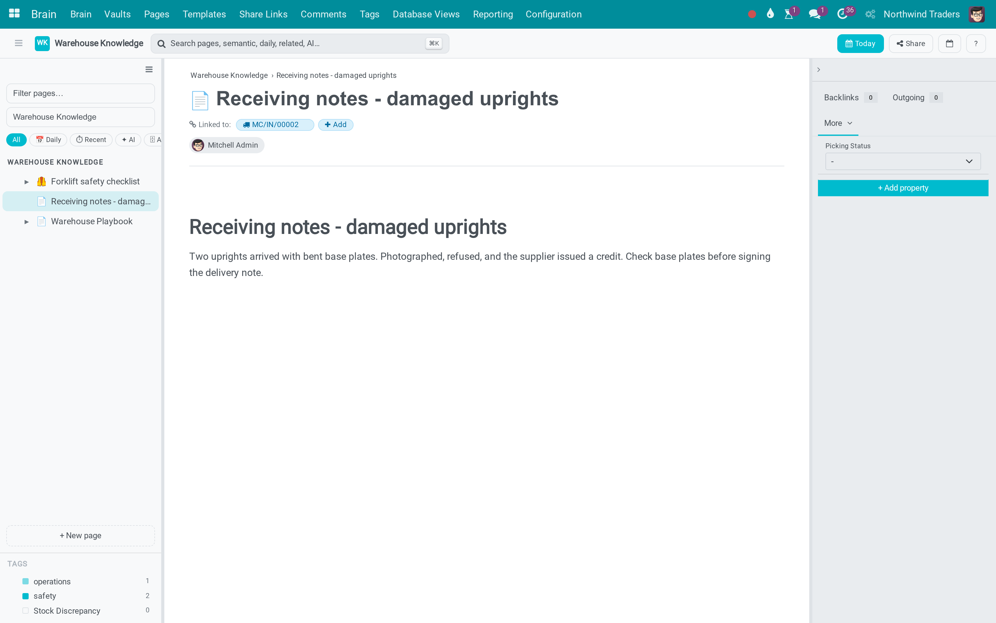 Receiving notes - damaged uprights