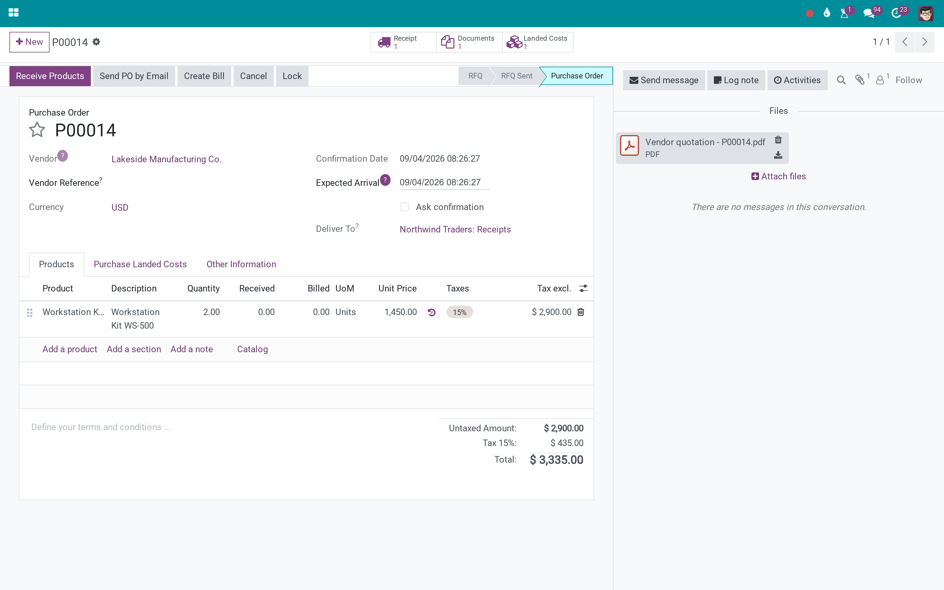 The vendor quotation that belongs with the purchase order