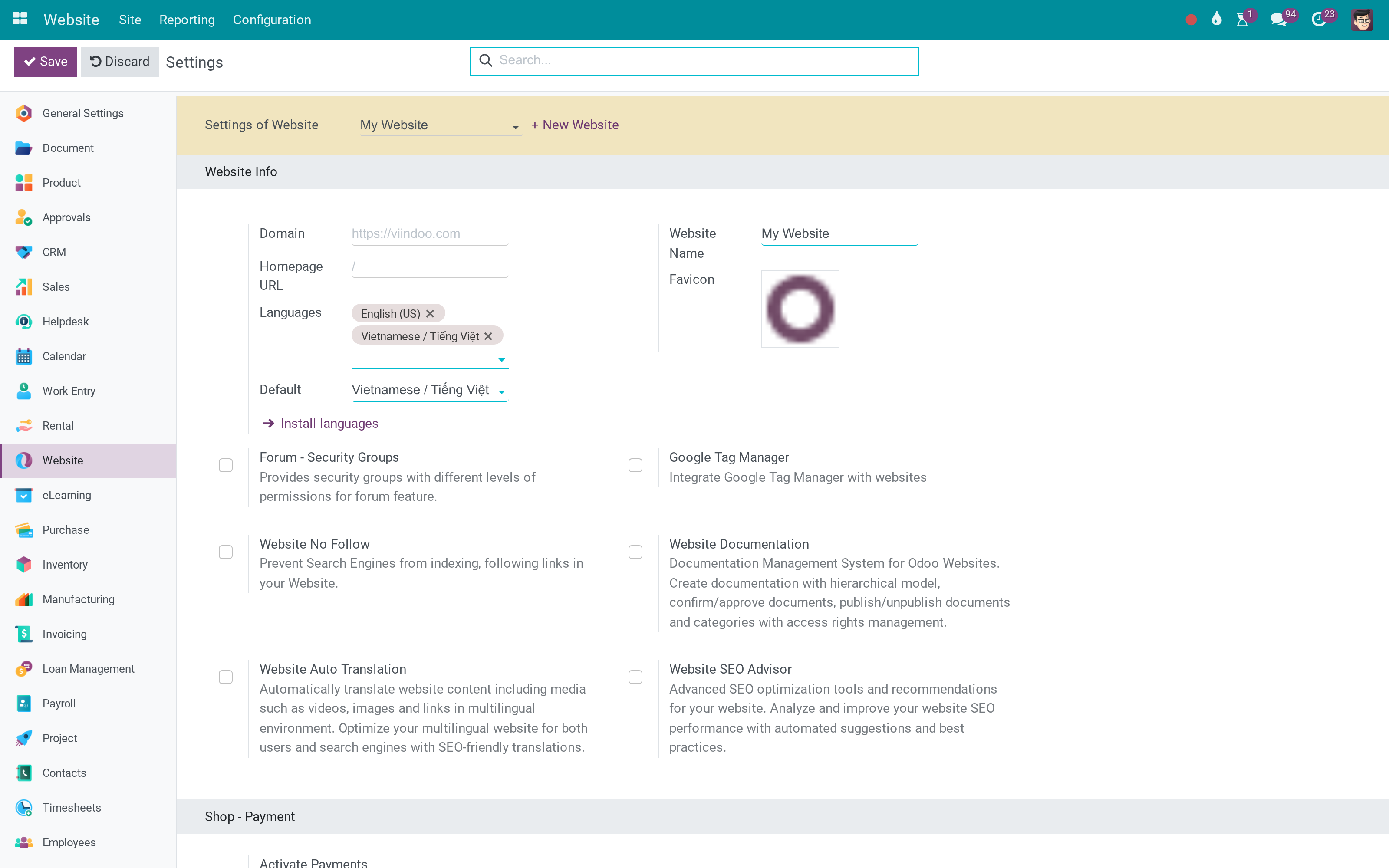 The website extensions, next to the website settings that need them