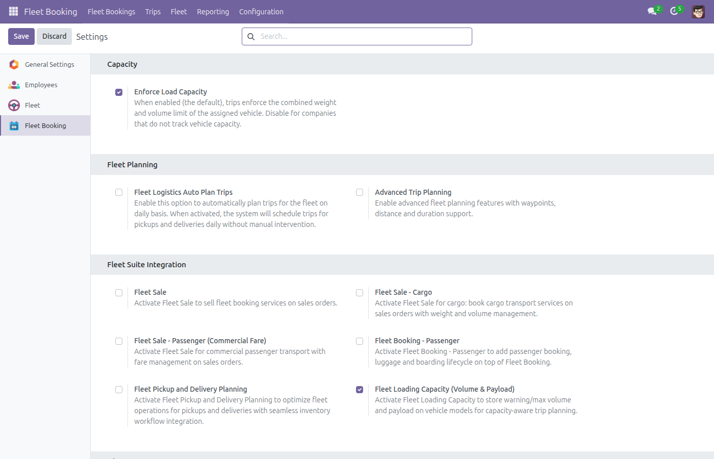 Fleet Booking settings tab - Capacity, Fleet Planning and Fleet Suite Integration sections