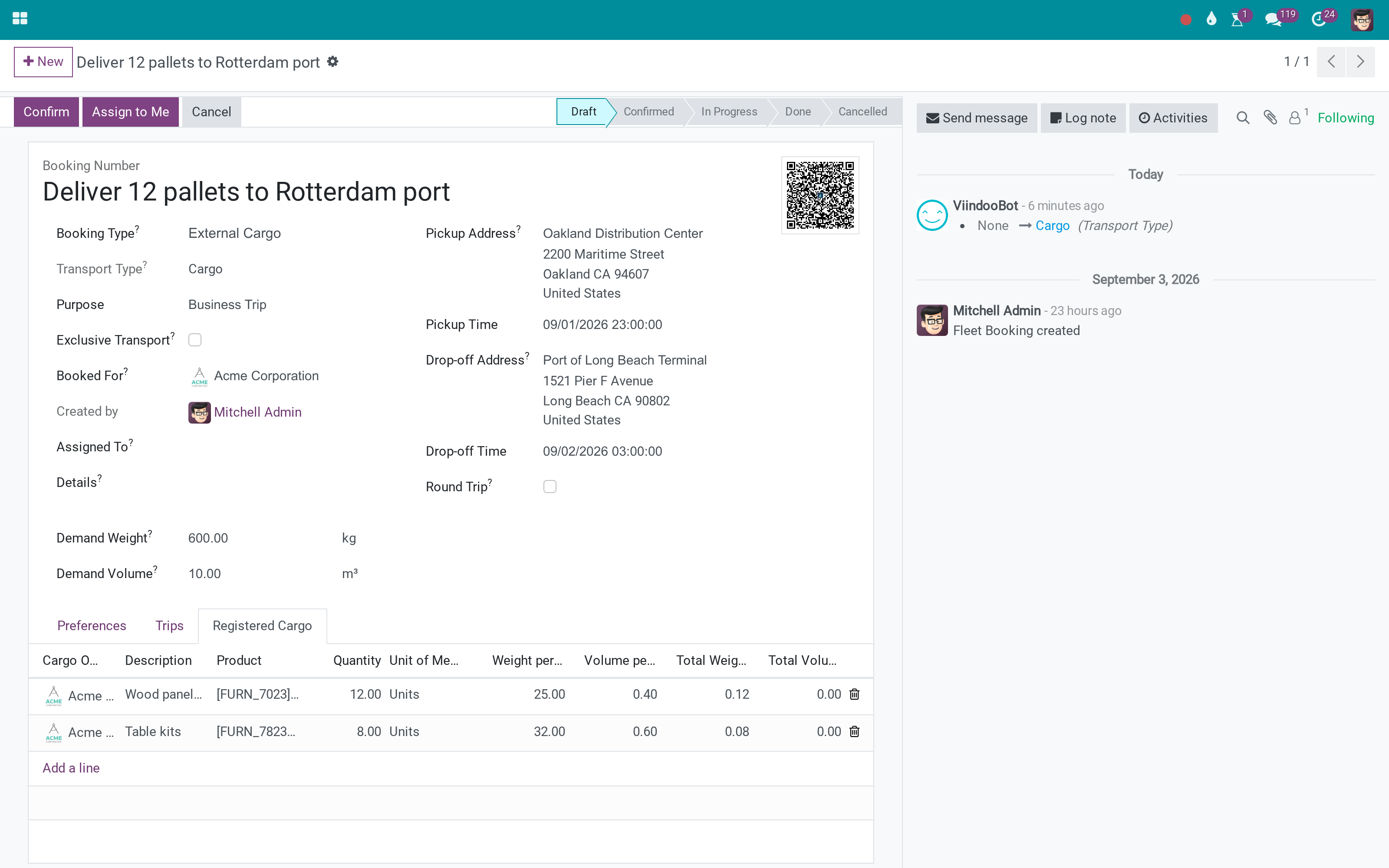 Cargo bookings with weight, volume and capacity checks