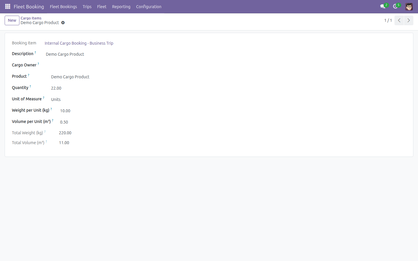 Cargo item form with Quantity changed and totals recomputed