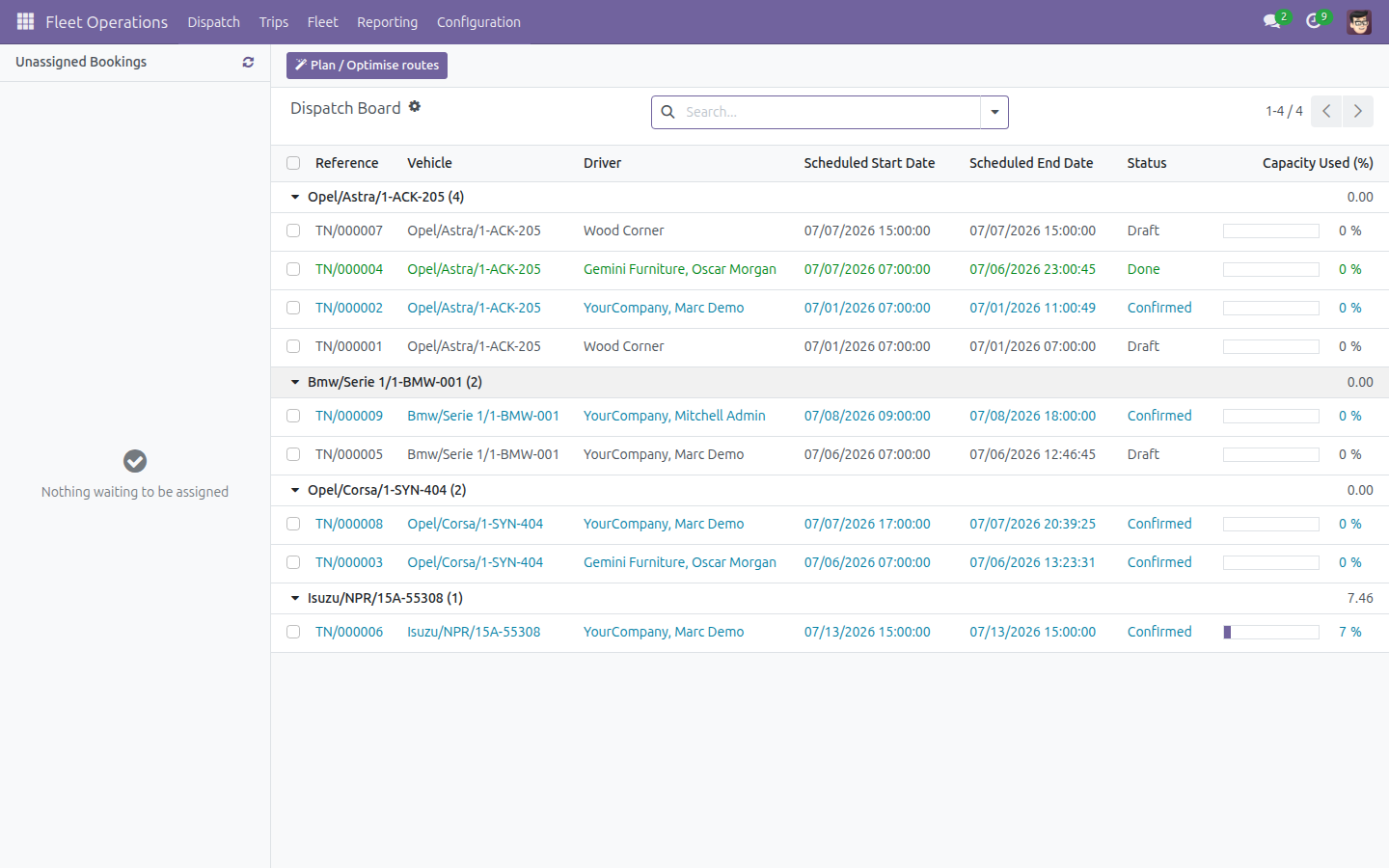 Dispatch Board after the booking has been assigned - Unassigned Bookings is empty and the trip's schedule has been extended