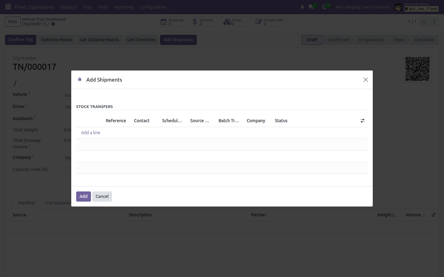Add Shipments window opened from a vehicle trip, with only the Transfers field shown