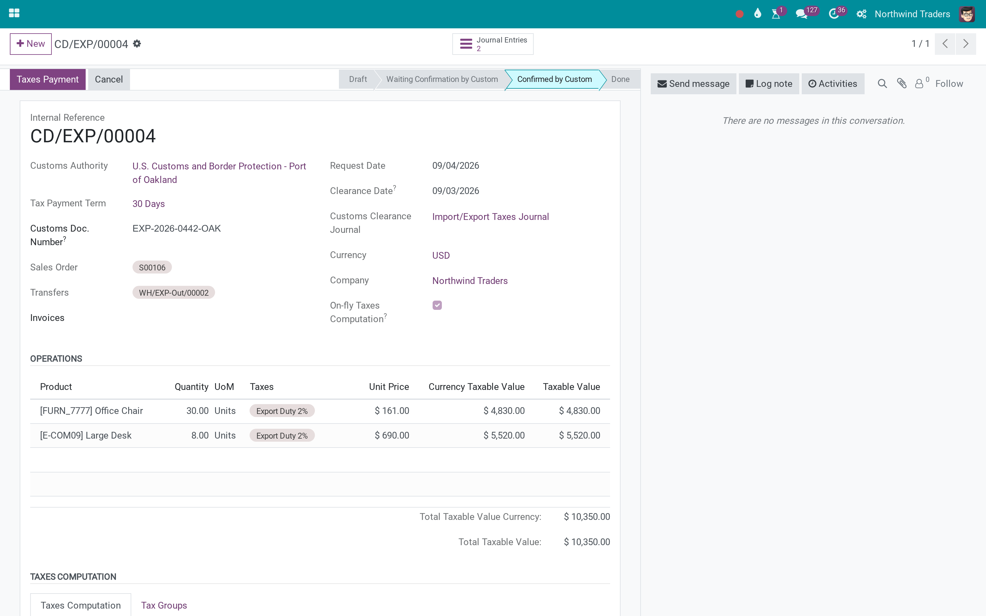 Export customs declarations from the sales order