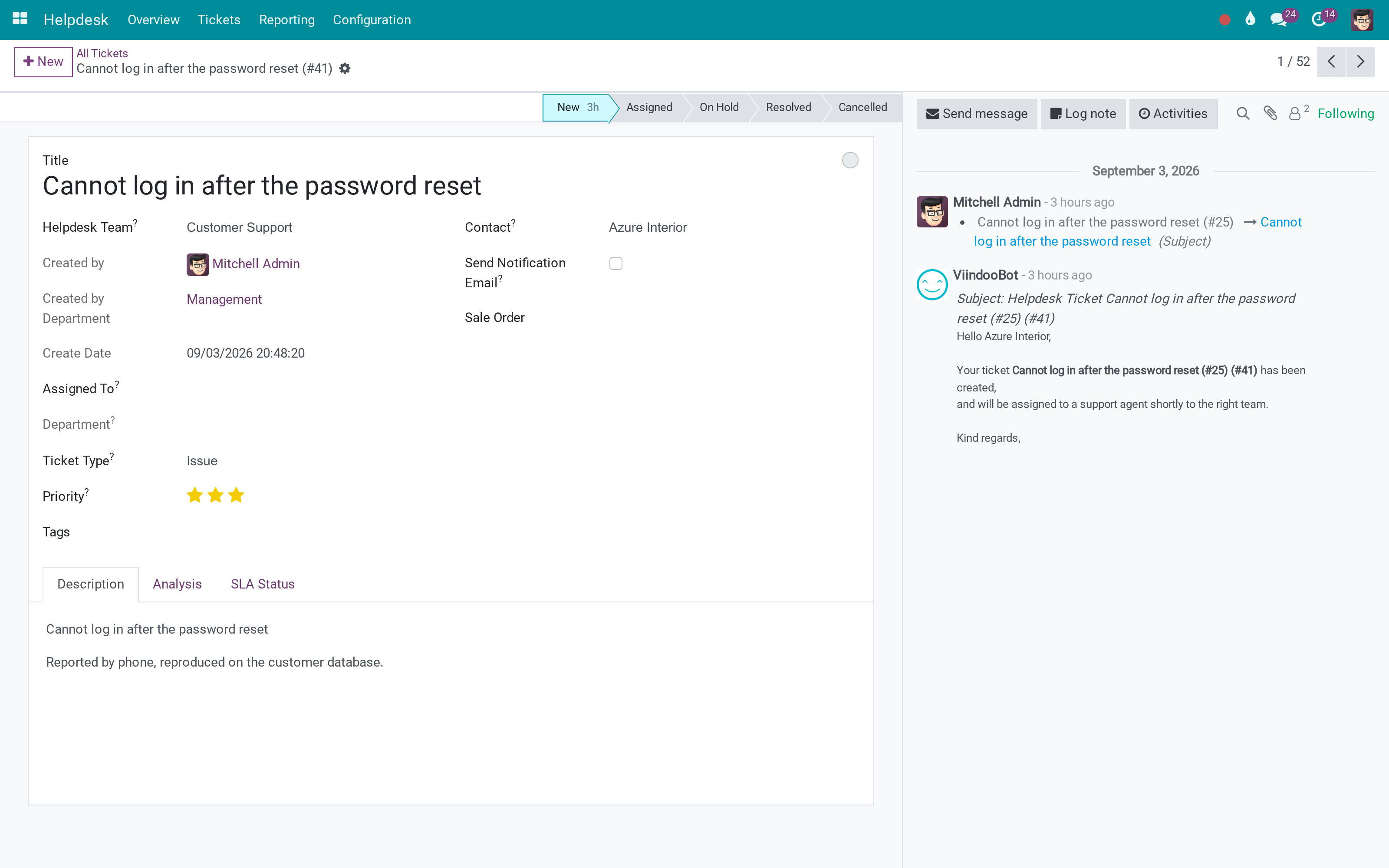 A ticket: customer, type, priority, SLA and the whole conversation