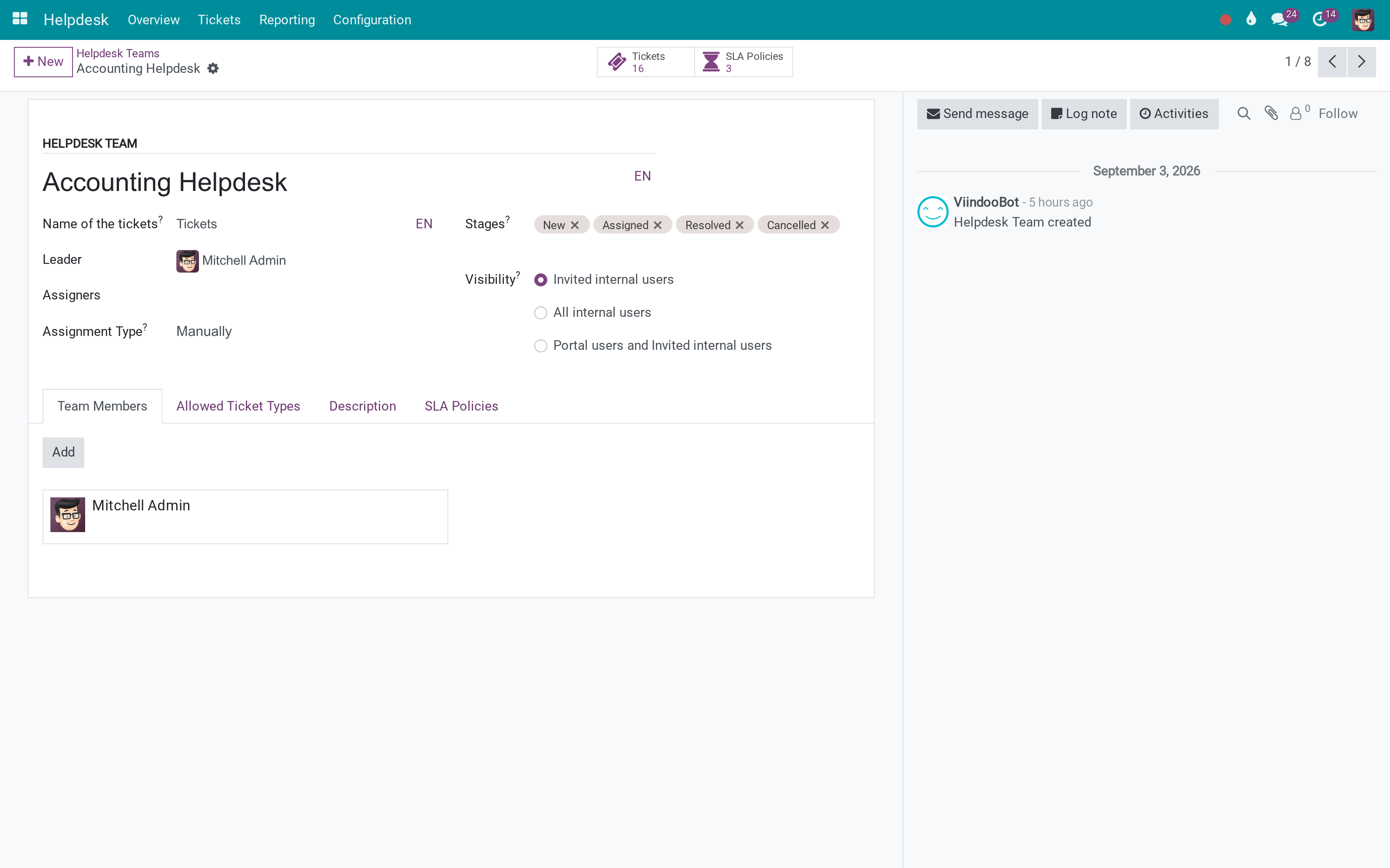 A team with its stages, allowed ticket types, assignment and visibility