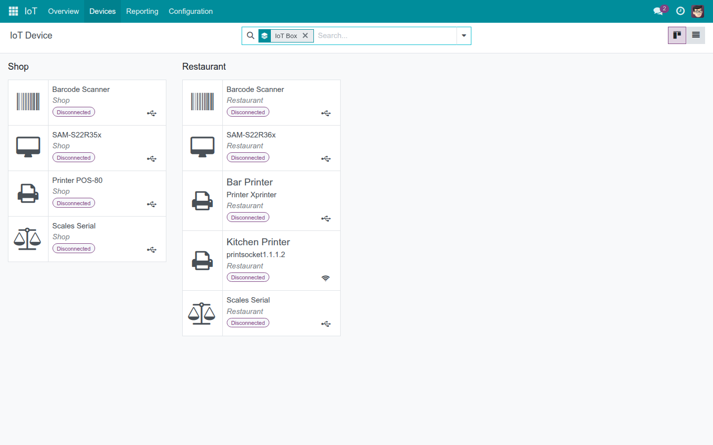 The Devices list grouped by box with live status