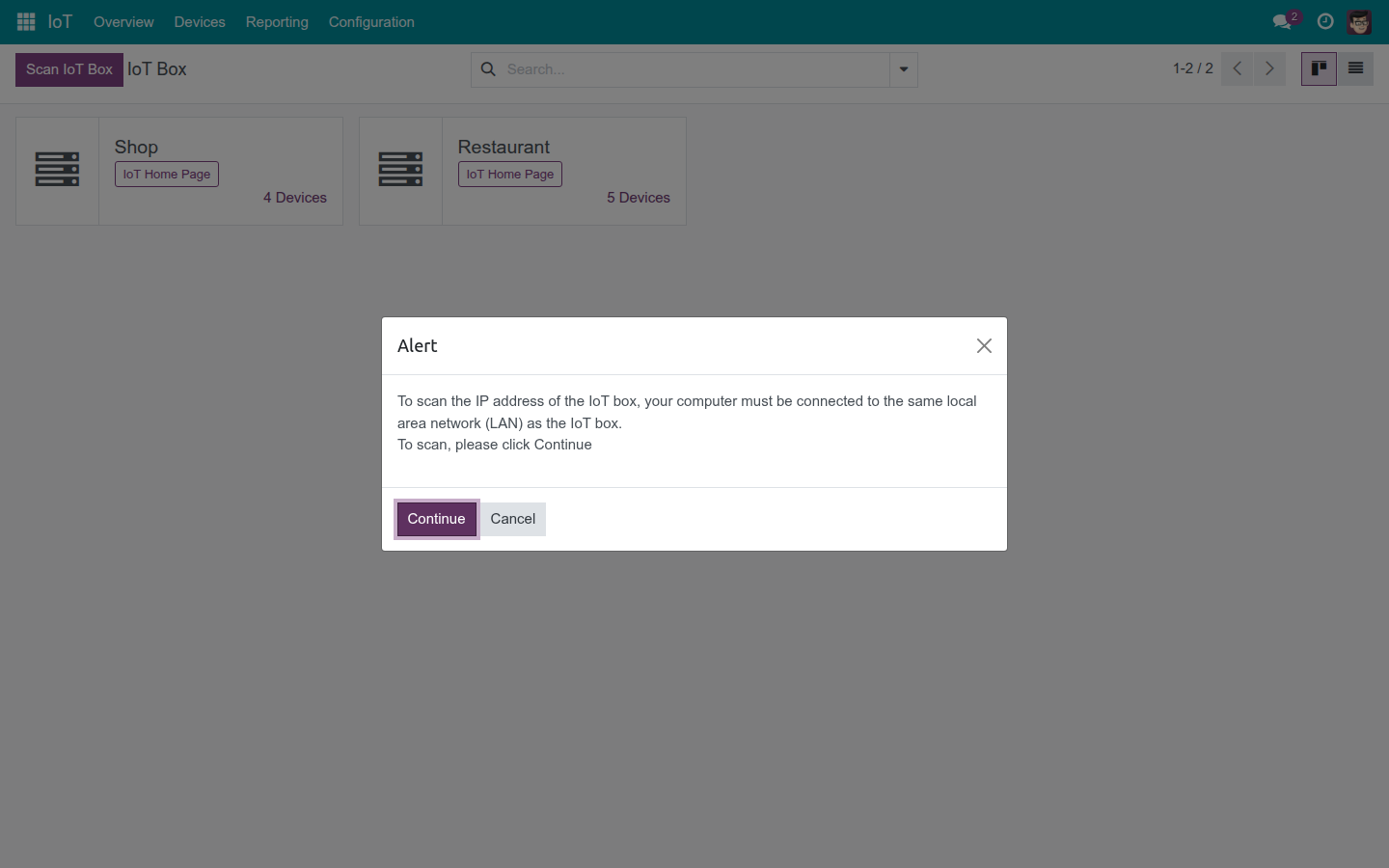 The Scan IoT Box confirmation dialog
