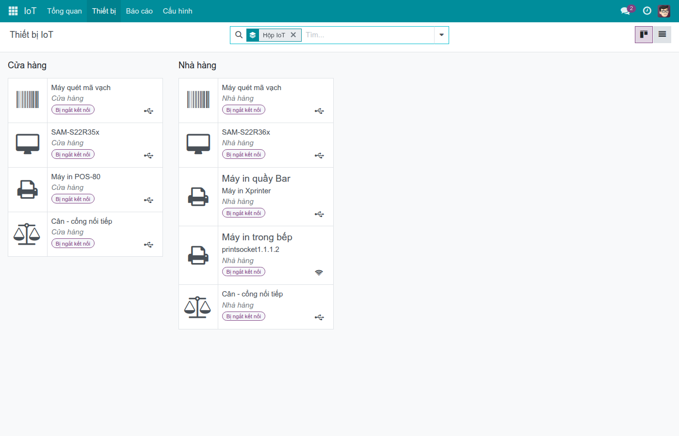 Kanban Thiết bị IoT nhóm theo hộp IoT, hiển thị trạng thái Đã kết nối hoặc Bị ngắt kết nối