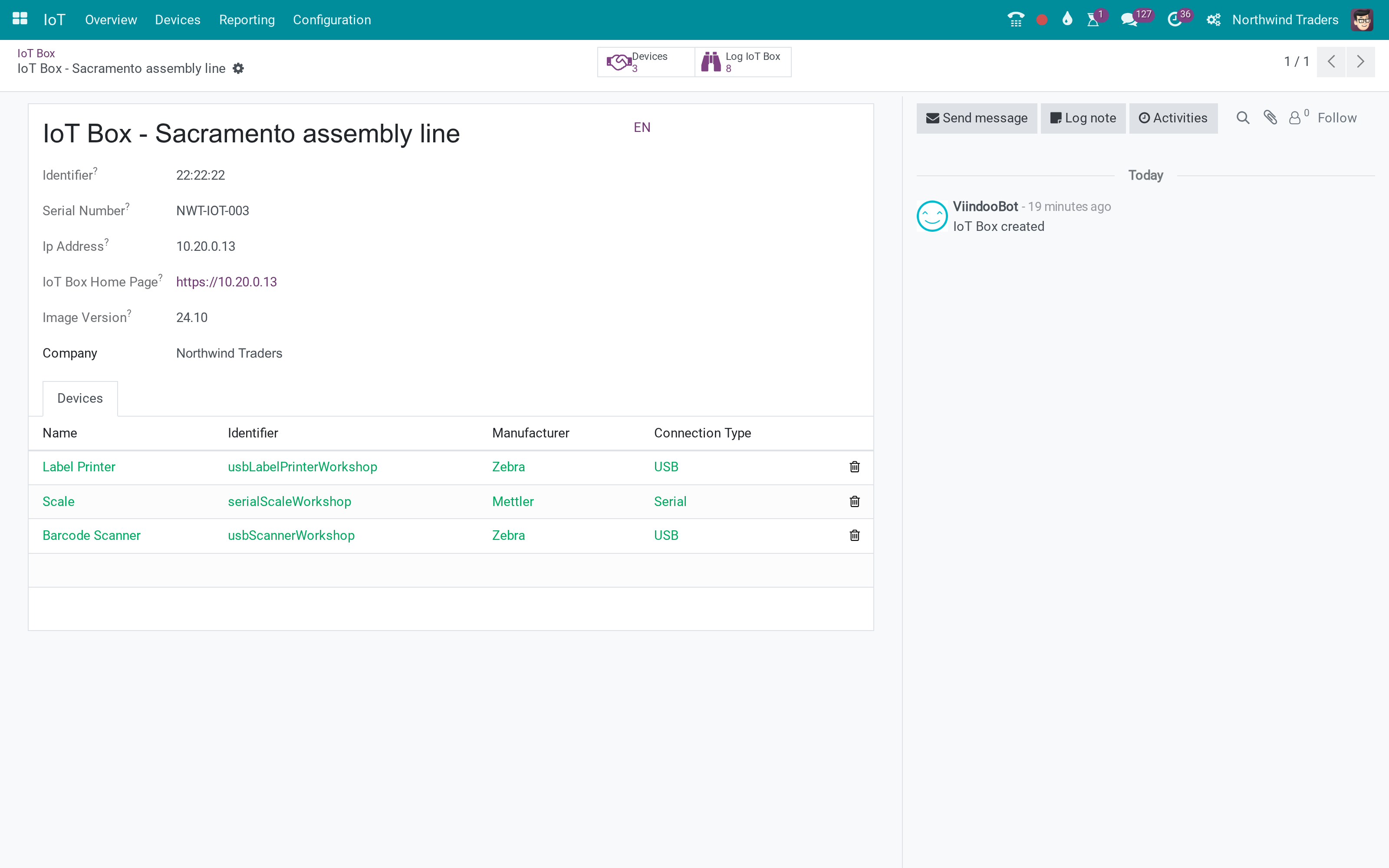 IoT boxes and their devices, registered and logged in Odoo