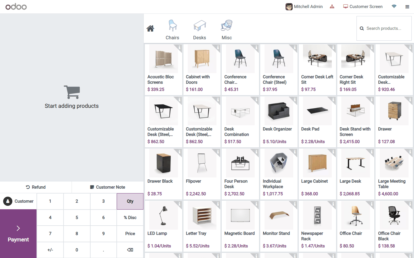 A Point of Sale till screen open with its receipt printer, scanner, customer display and scale already assigned