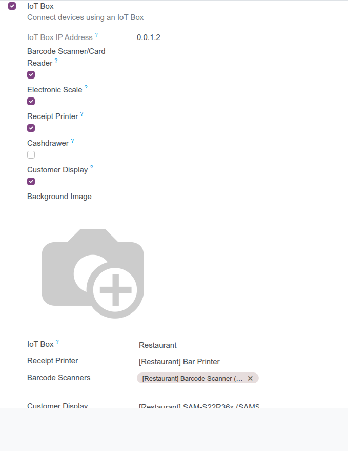 POS configuration form IoT Box section with the device pickers