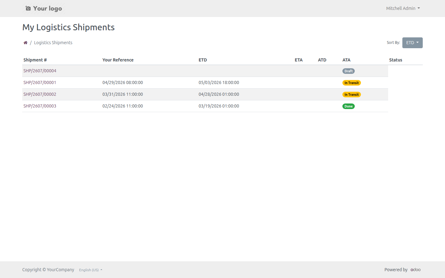 The My Logistics Shipments portal list with status and schedule columns
