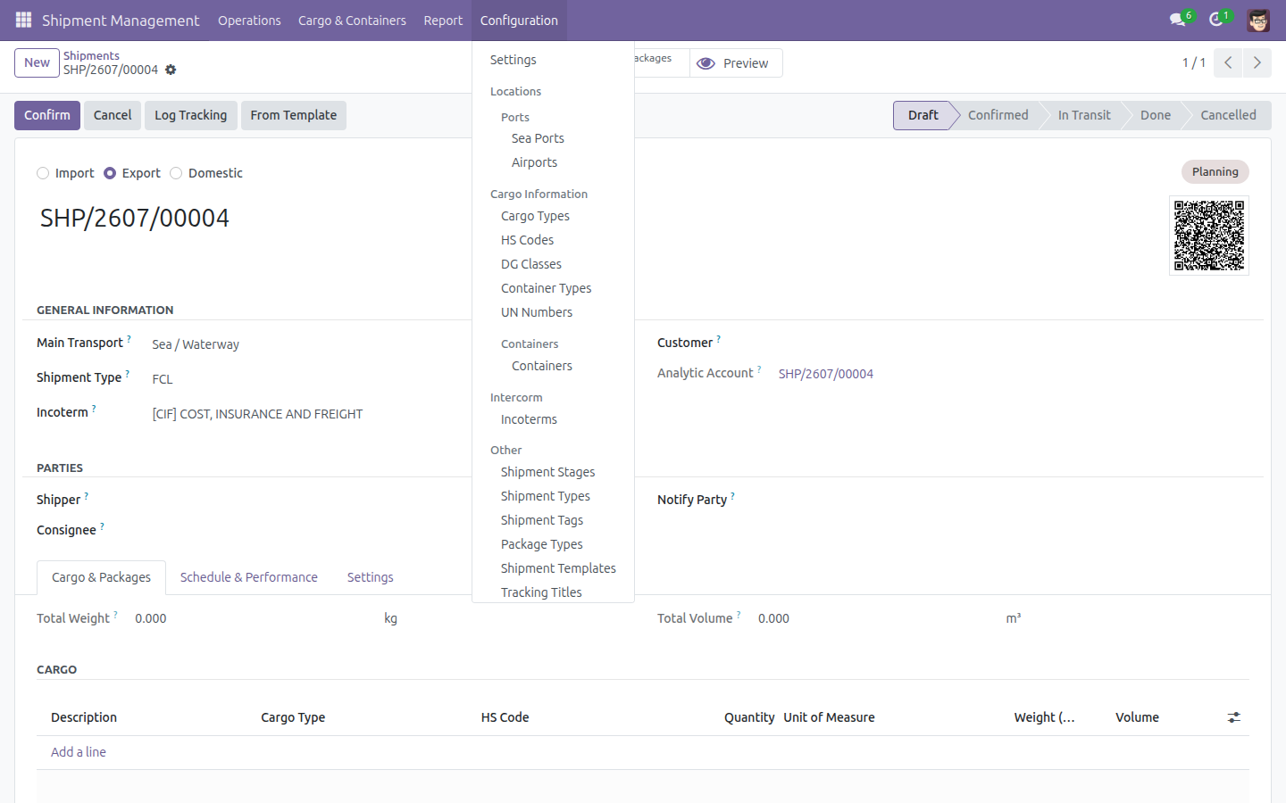 The Configuration menu open, showing the Intercorm section with Incoterms underneath