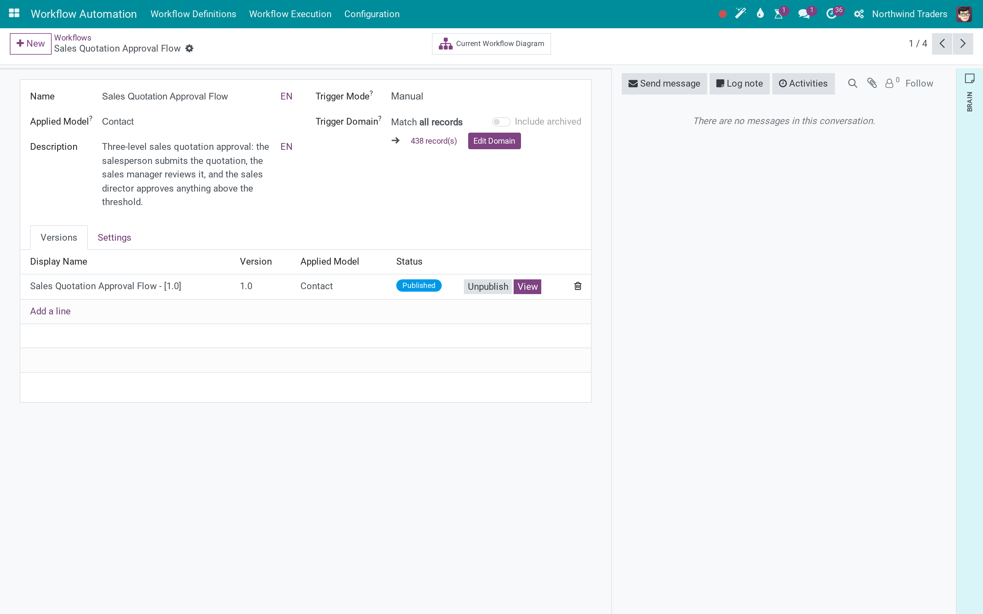 The workflow bound to a model, with the trigger domain and its live record count