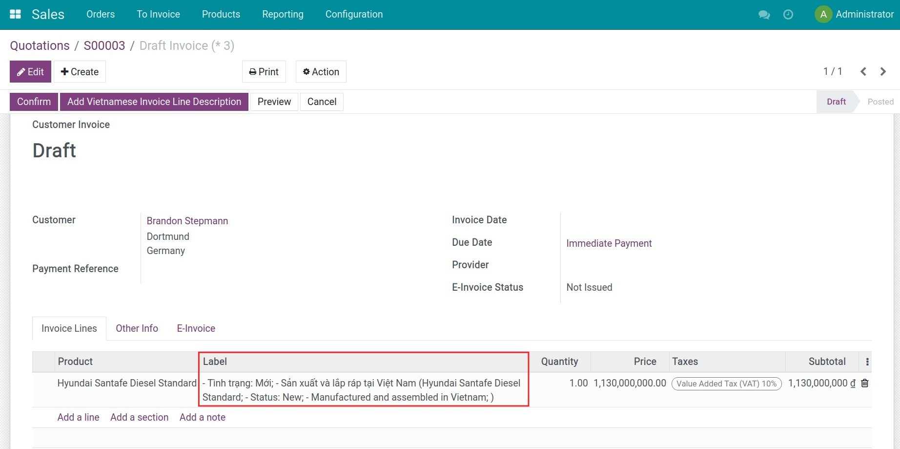 Invoice line with dual-language description