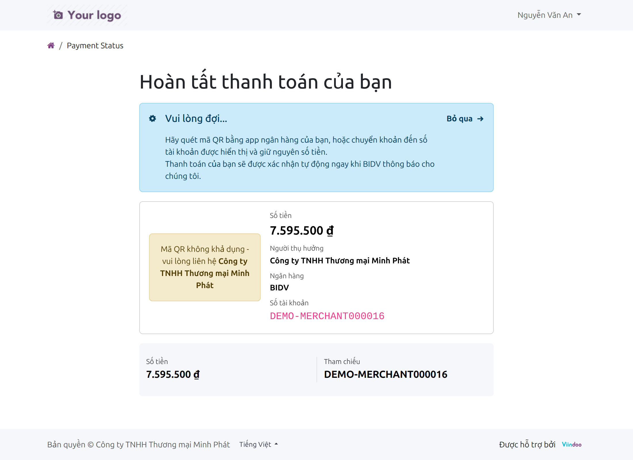 Trang Hoàn tất thanh toán của bạn hiện Mã QR không khả dụng, số tiền, người thụ hưởng, ngân hàng và số tài khoản vẫn hiển thị
