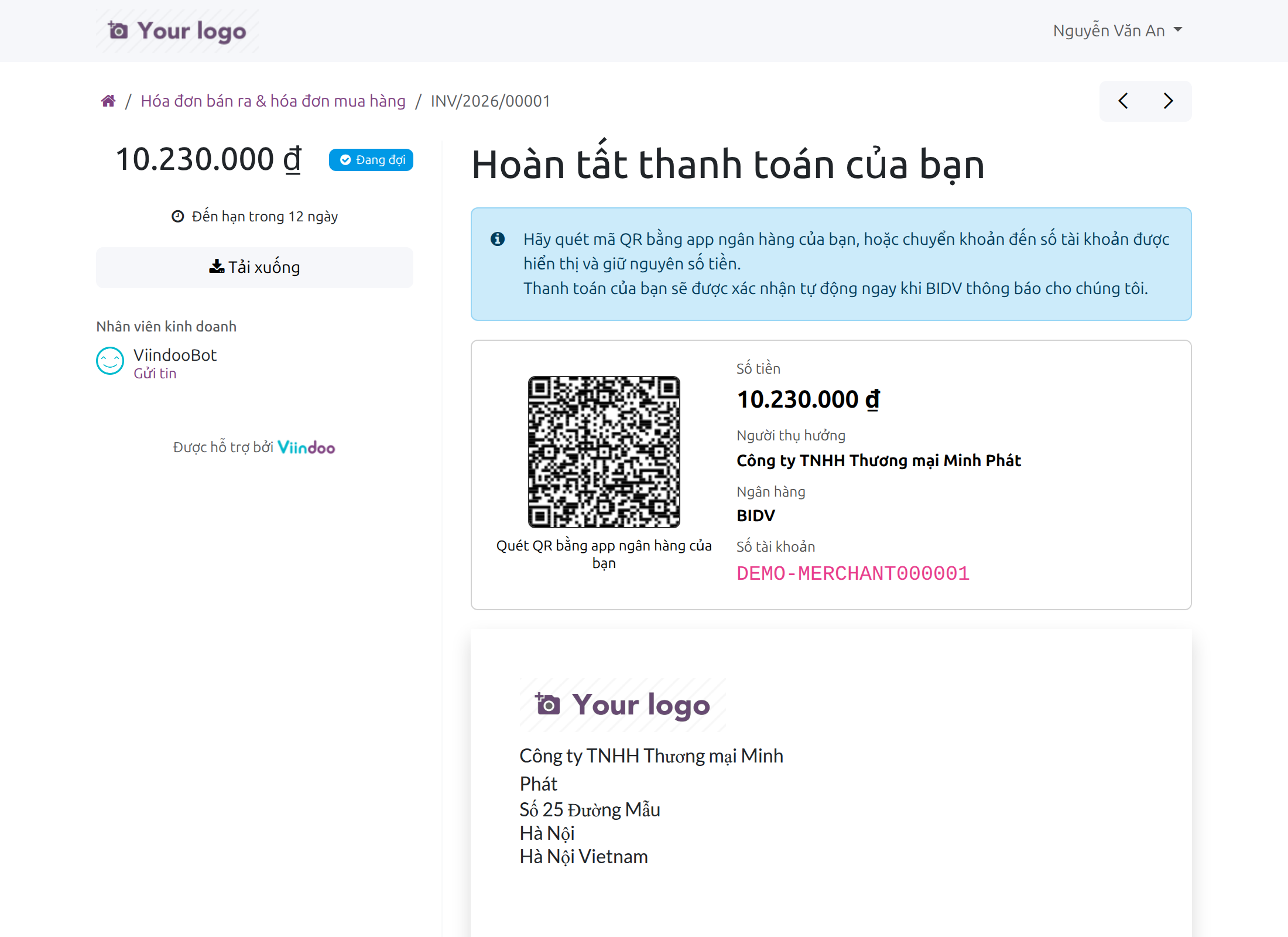 Trang cổng thông tin của một hóa đơn đang chờ, với trạng thái Đang đợi và hướng dẫn Hoàn tất thanh toán của bạn