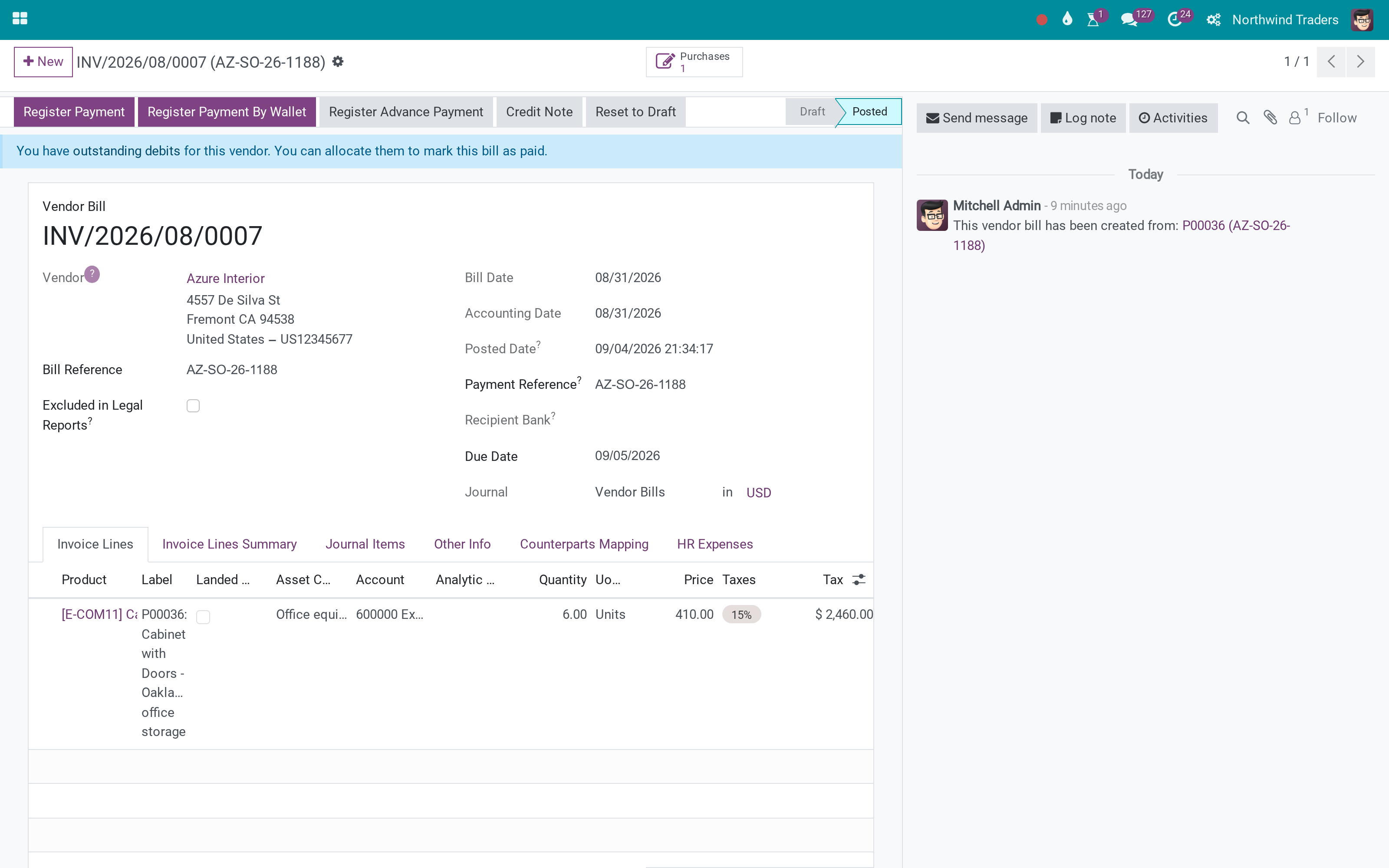 The asset category follows the product onto the vendor bill