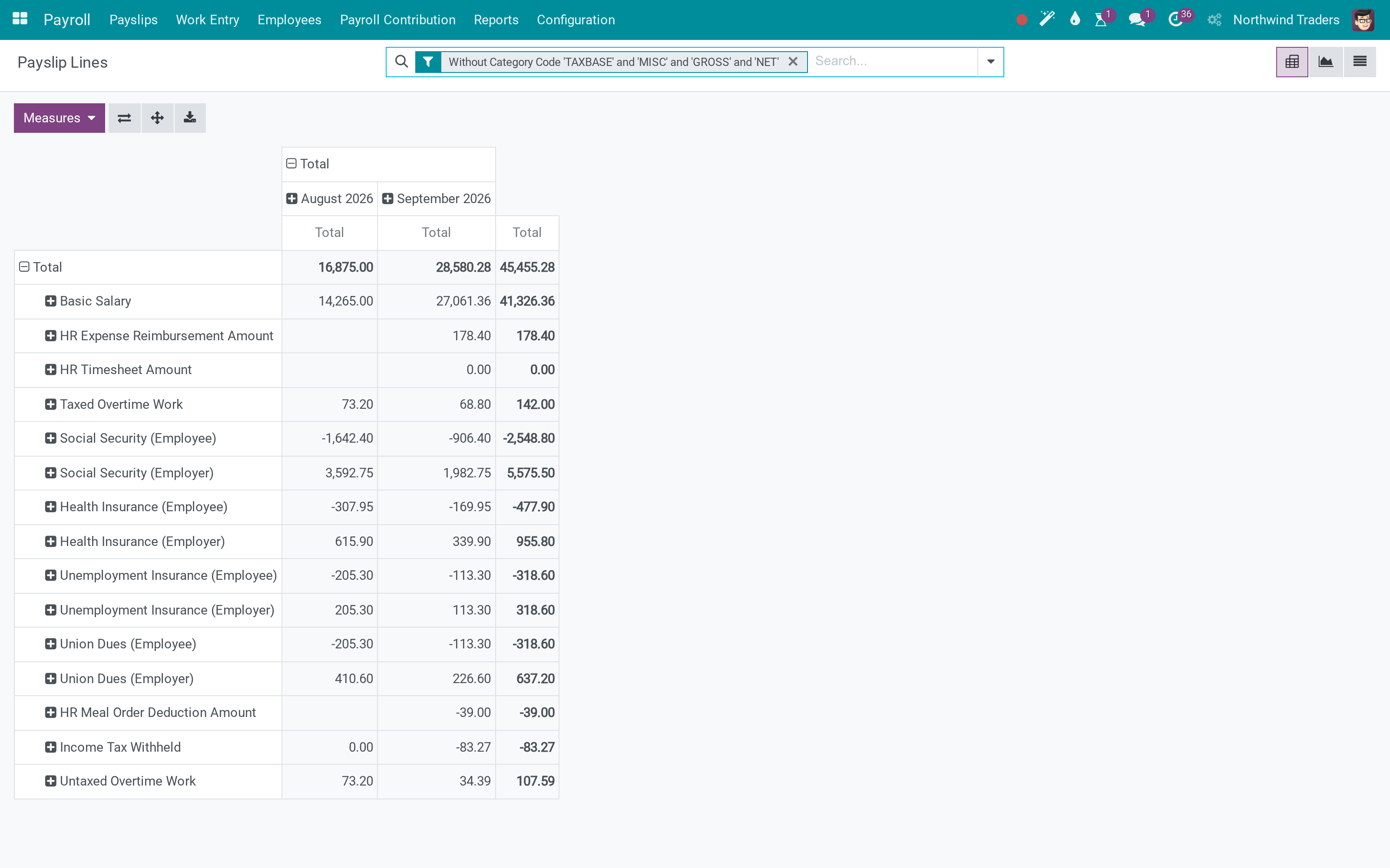 Payslip lines across the company, searchable like any other record