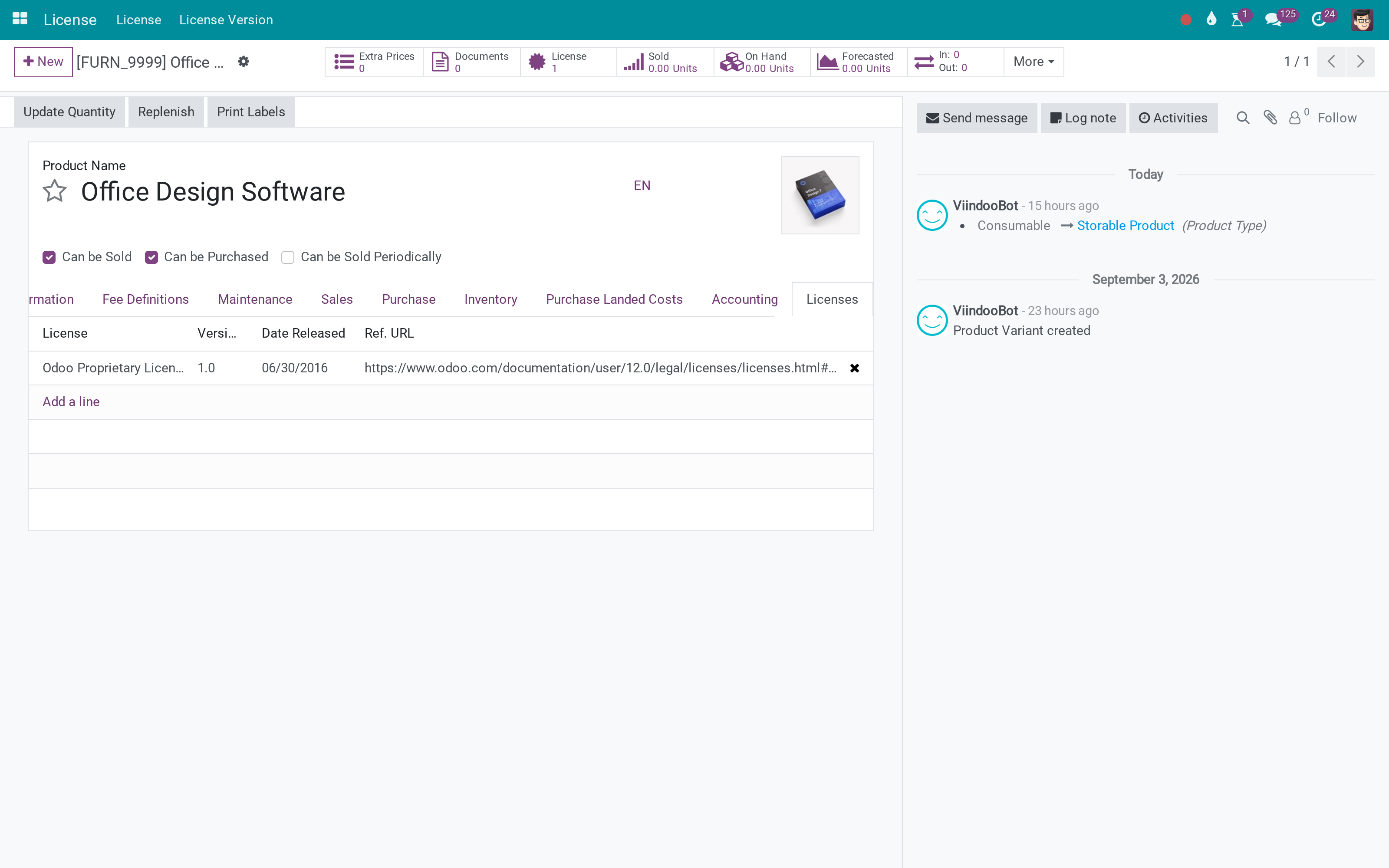 Licenses tab on a product