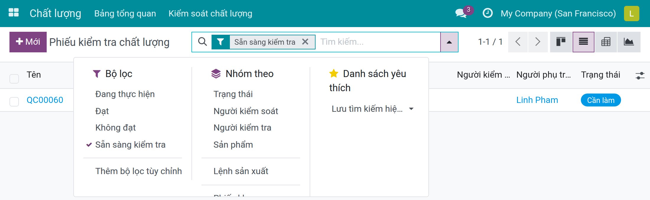 Danh sách Phiếu kiểm tra chất lượng với bộ lọc Sẵn sàng kiểm tra đang bật, hiện một phiếu còn cần làm kèm người phụ trách