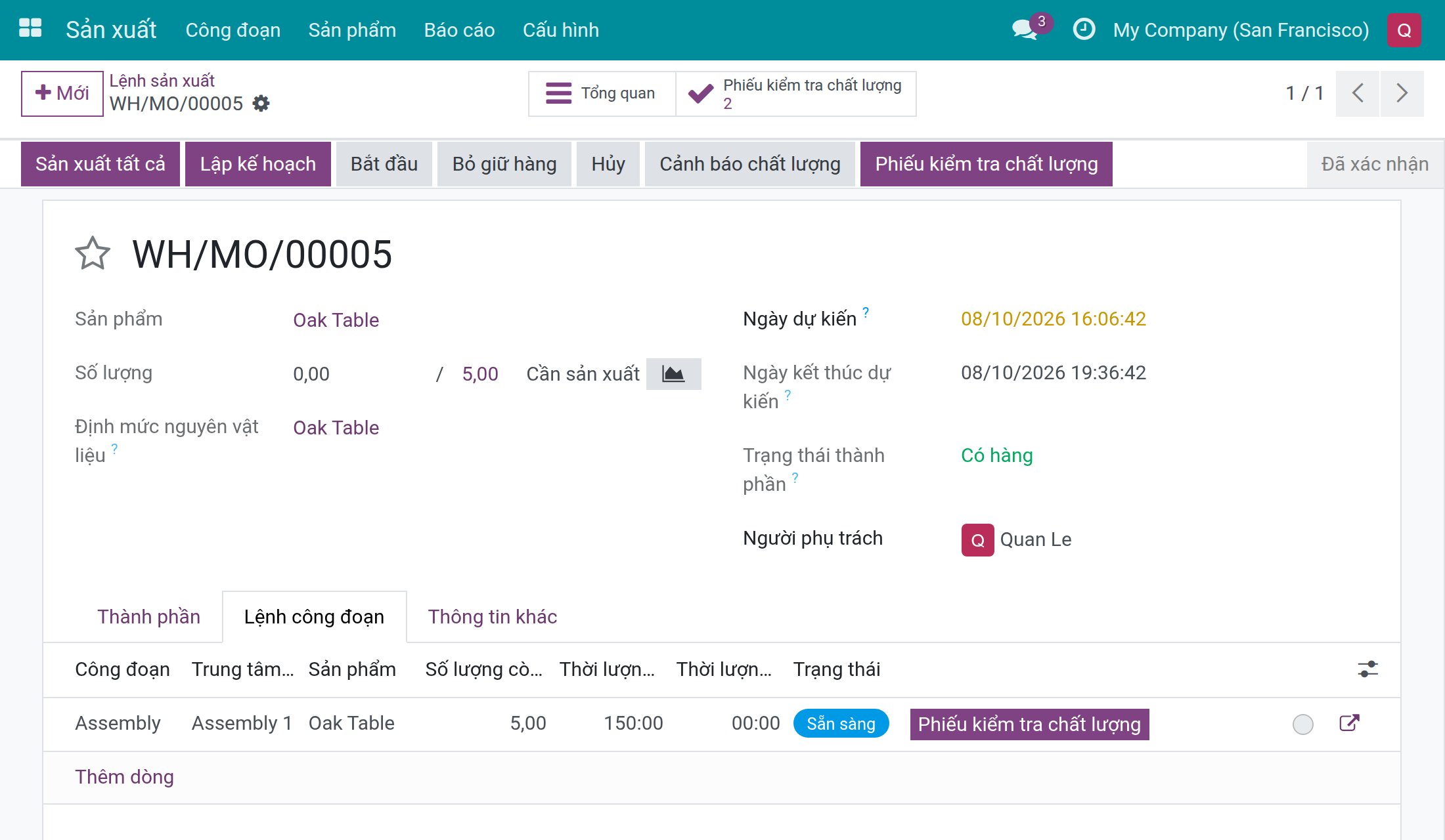 Tab Lệnh công đoạn của lệnh sản xuất với nút Phiếu kiểm tra chất lượng trên dòng lệnh công đoạn và chưa có nút Bắt đầu