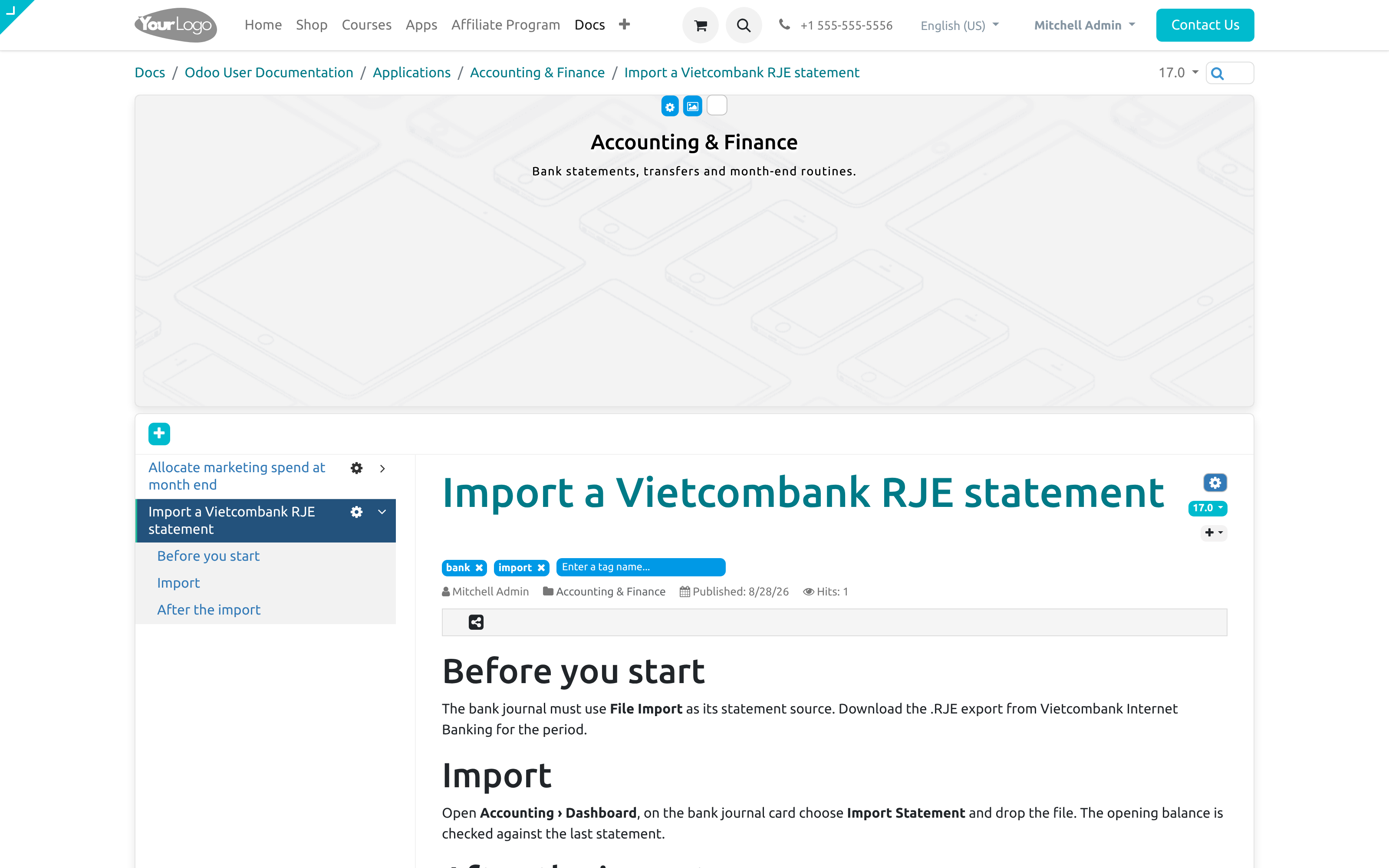 One document, one content per Odoo version, URLs per version