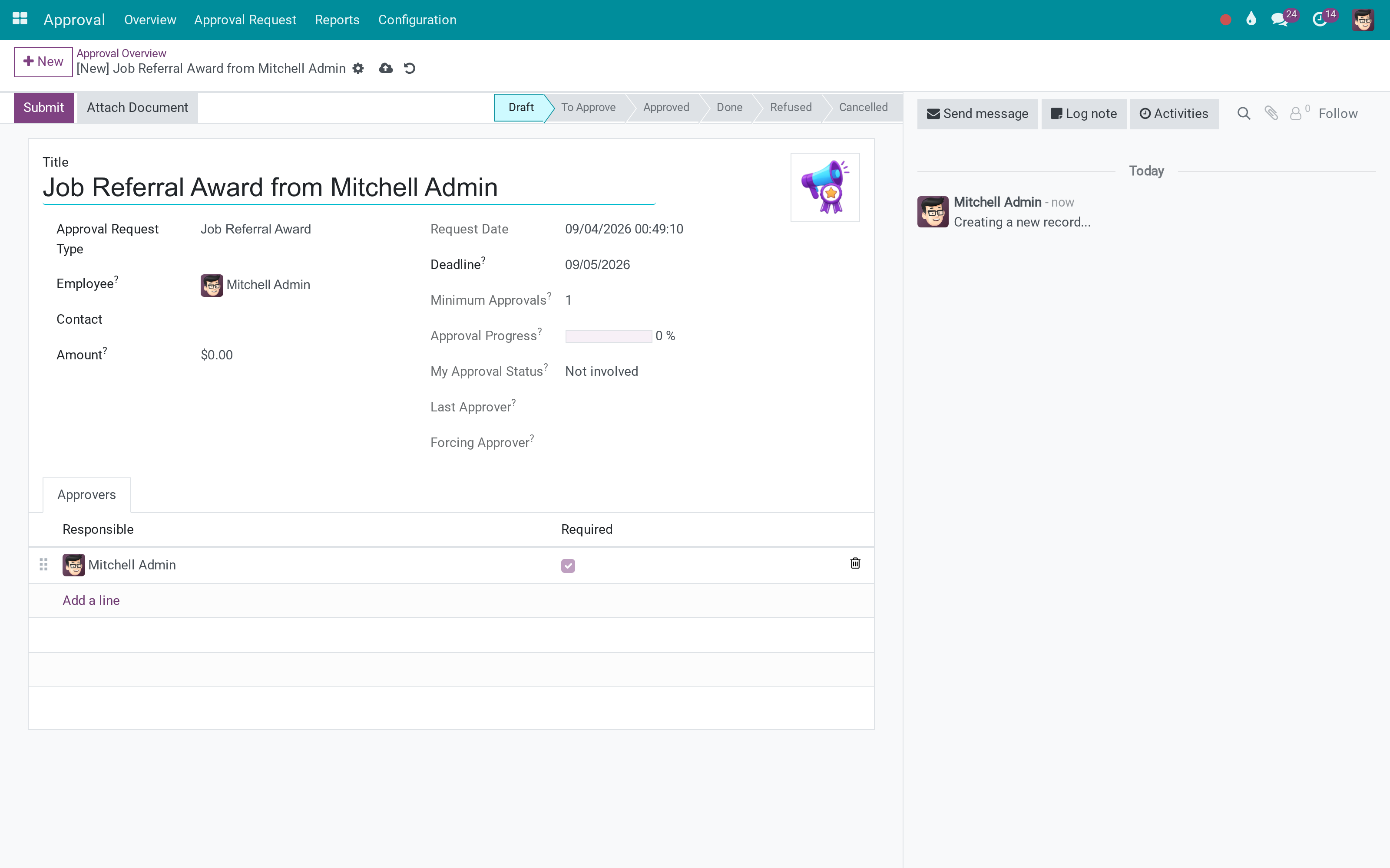 An approval type opened from the overview