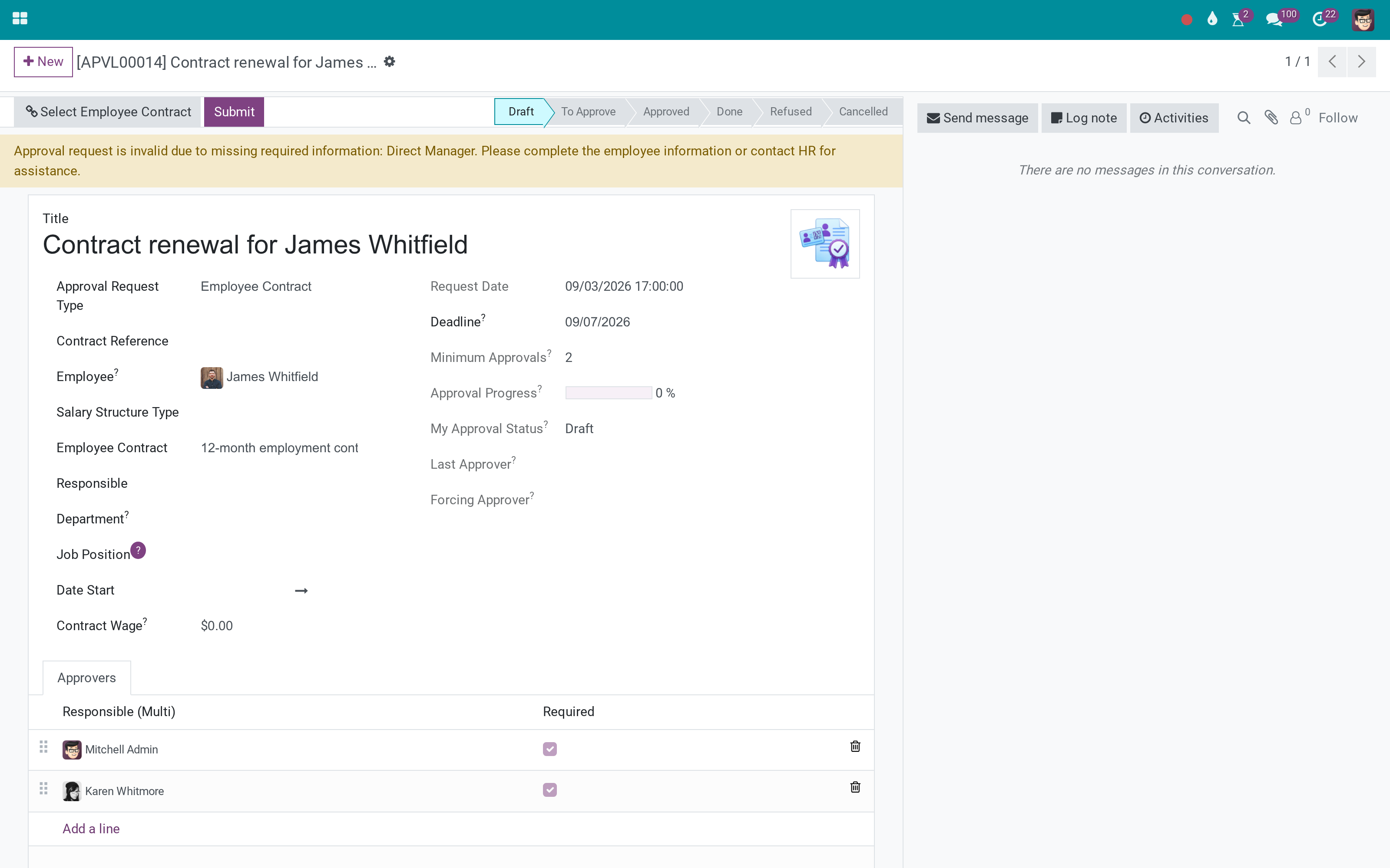 Approve the contract, with the contract's own fields on the request