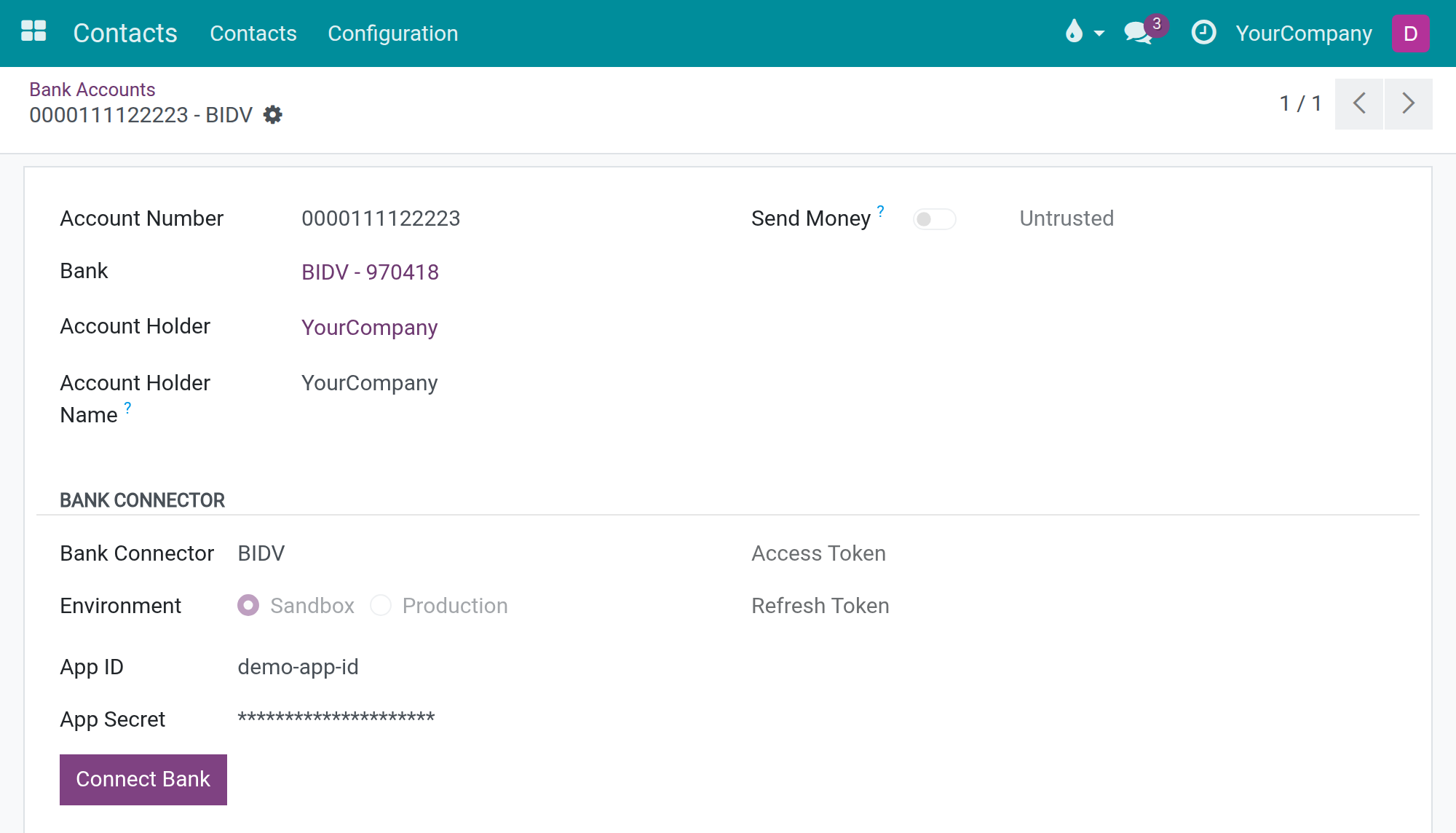 A company bank account with BIDV chosen: the Bank Connector section with provider, environment, App ID and a masked App Secret