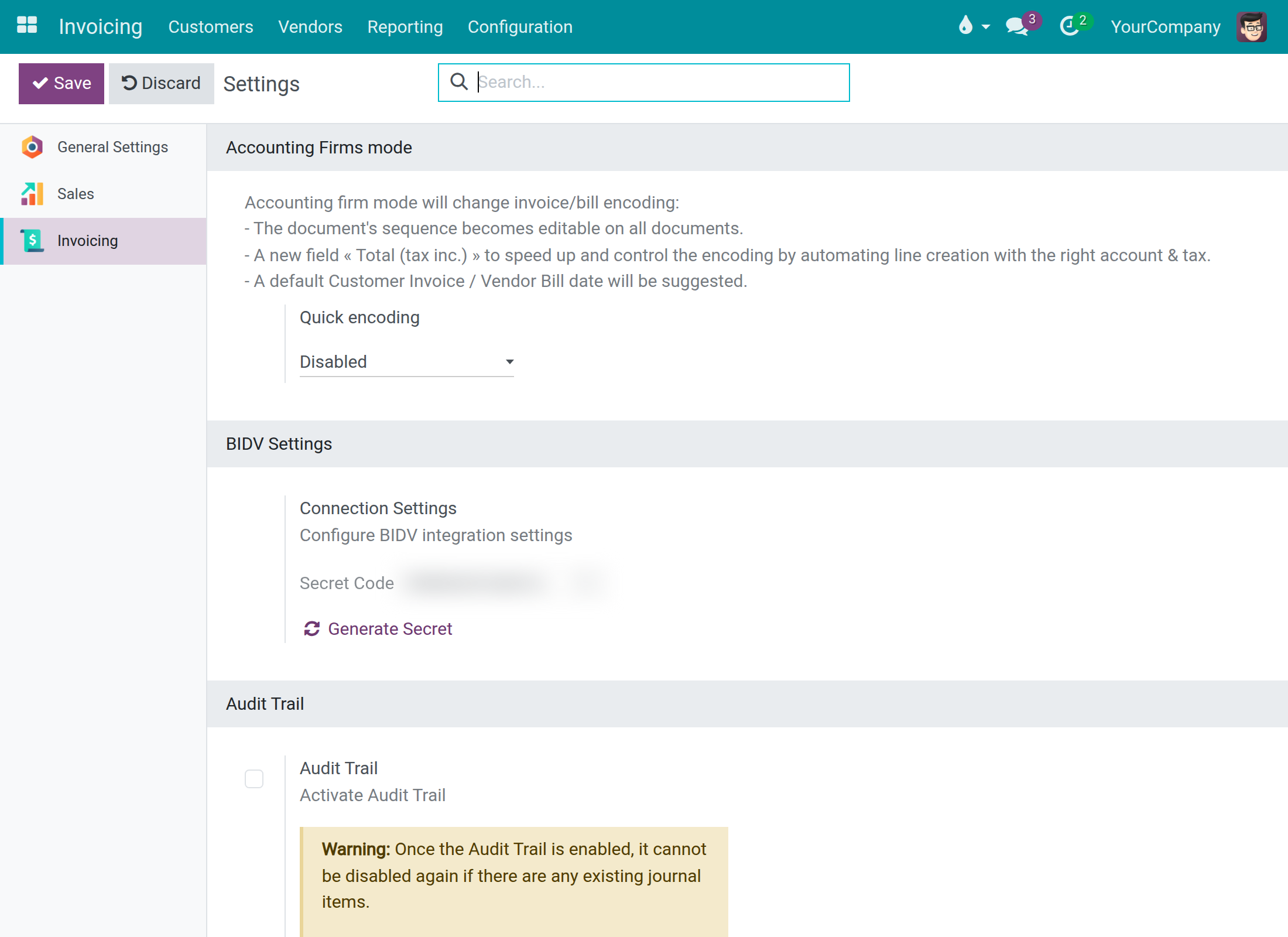 Accounting settings, BIDV Settings block with a blurred Secret Code and the Generate Secret button