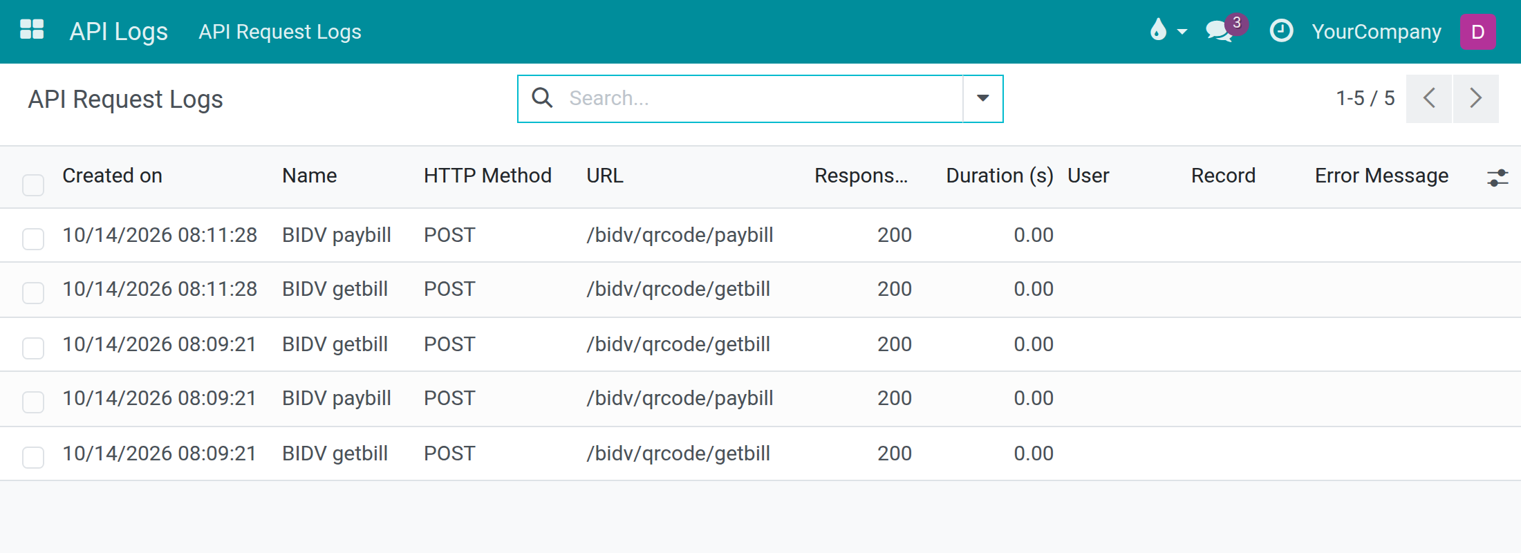 API Request Logs list with BIDV getbill and BIDV paybill rows