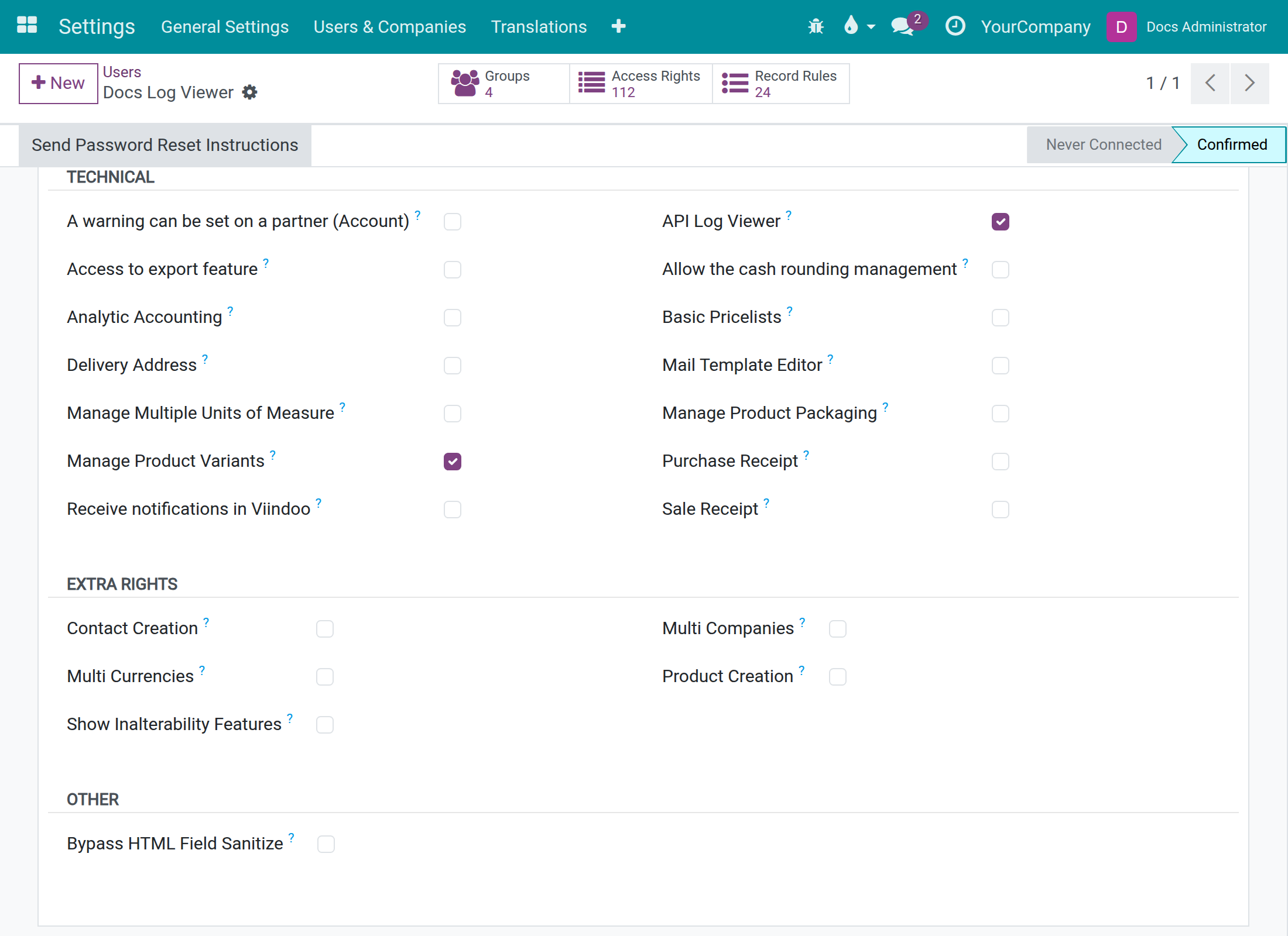 The Access Rights tab of a user, with API Log Viewer ticked in the Technical list