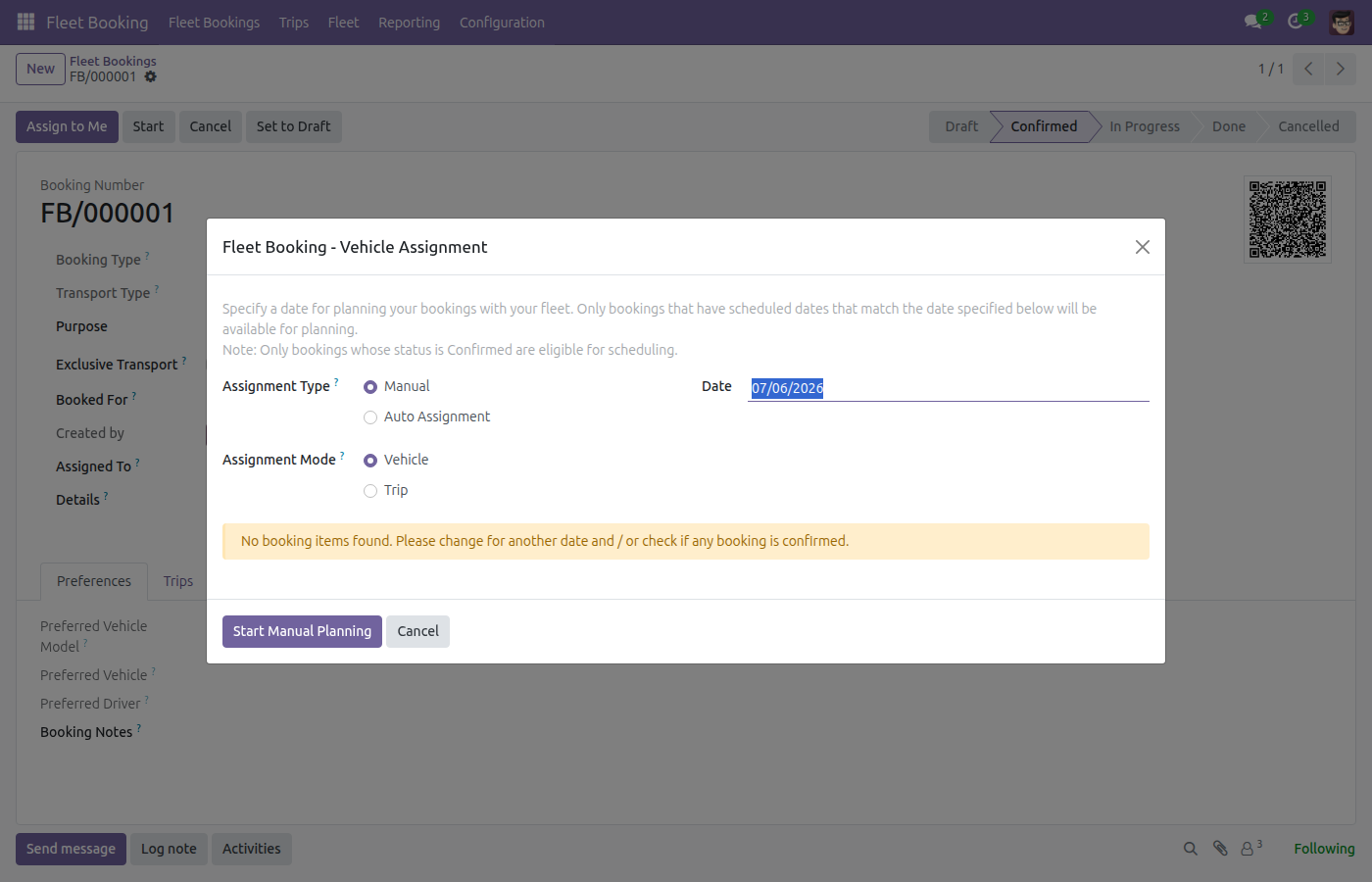 Fleet Booking - Vehicle Assignment wizard, Manual and Vehicle selected by default