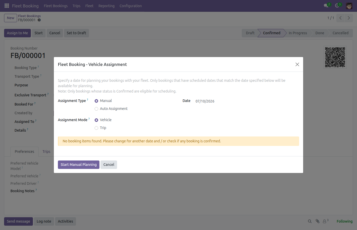 Date set, Manual assignment type and Vehicle assignment mode